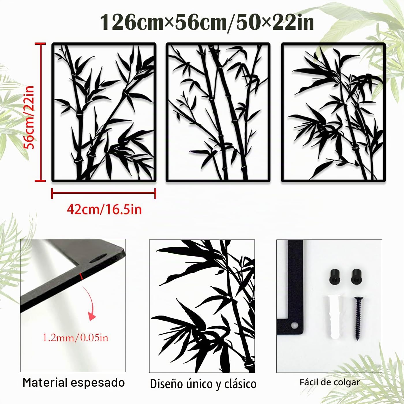 Pduoduo Decoración de pared de bambú grande, arte de pared de metal, letrero colgante de árbol, escultura de bambú para decoración de pared, paquete de 3 (total 127 x 56 cm)