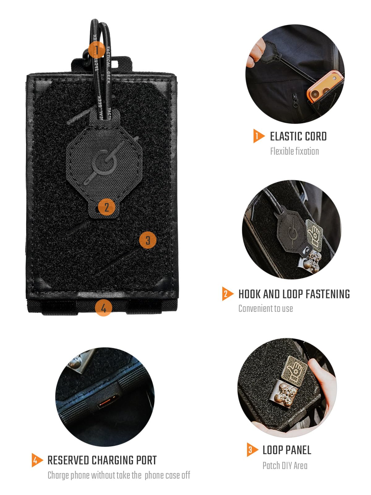 TACTICAL_GEEK EXT16 MOLLE - Custodia compatta per smartphone, in nylon, con cinghia di fissaggio, patta in per un accesso rapido, adatta per zaino e tracolla, colore: nero