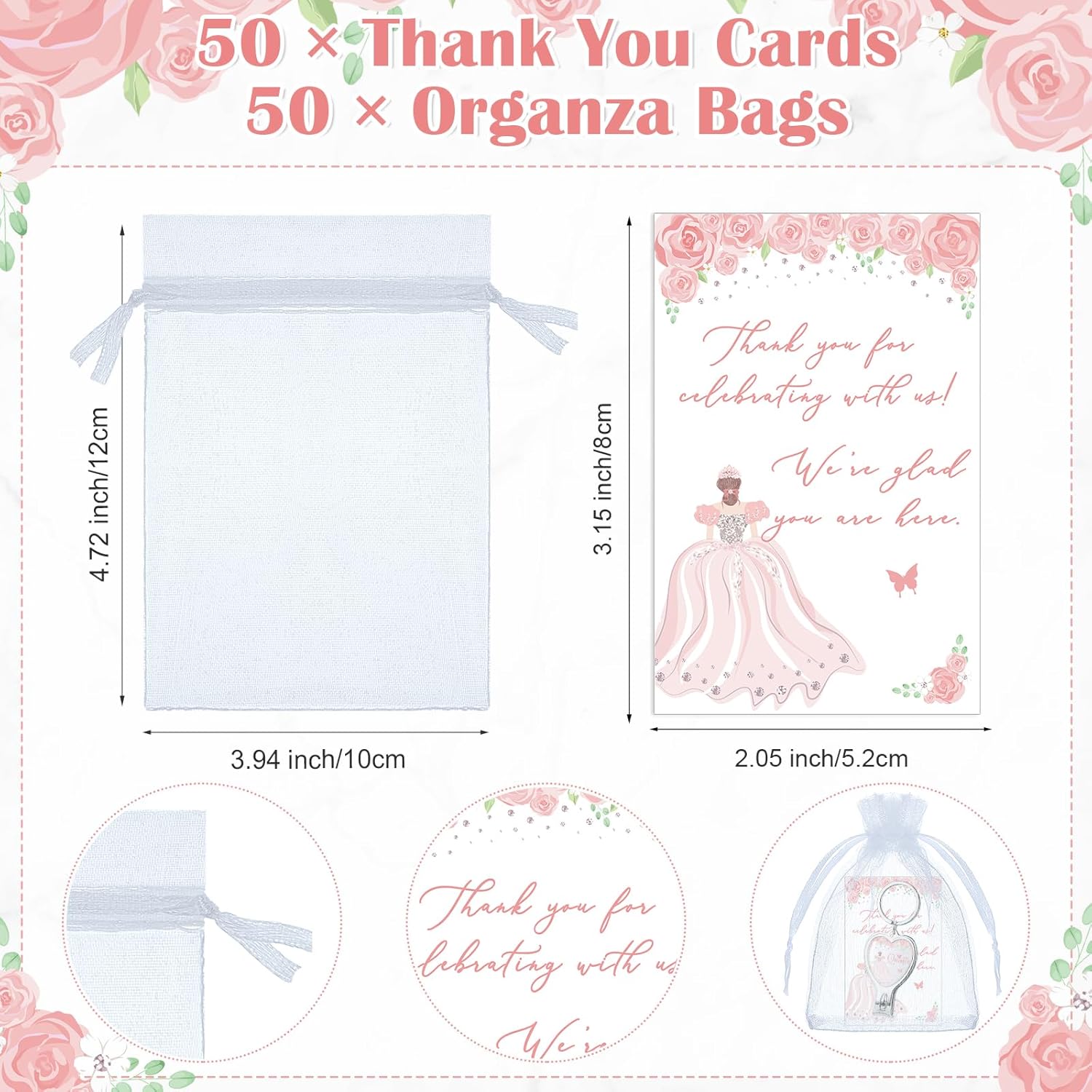 Landical 50 Sets Pink 15th Quinceanera Party Favors Includes Quince Keychain Bottle Opener Nail Clipper Thank You Cards Organza Bags for Guests Sweet 15 Birthday Party Adults Souvenirs - Image 3