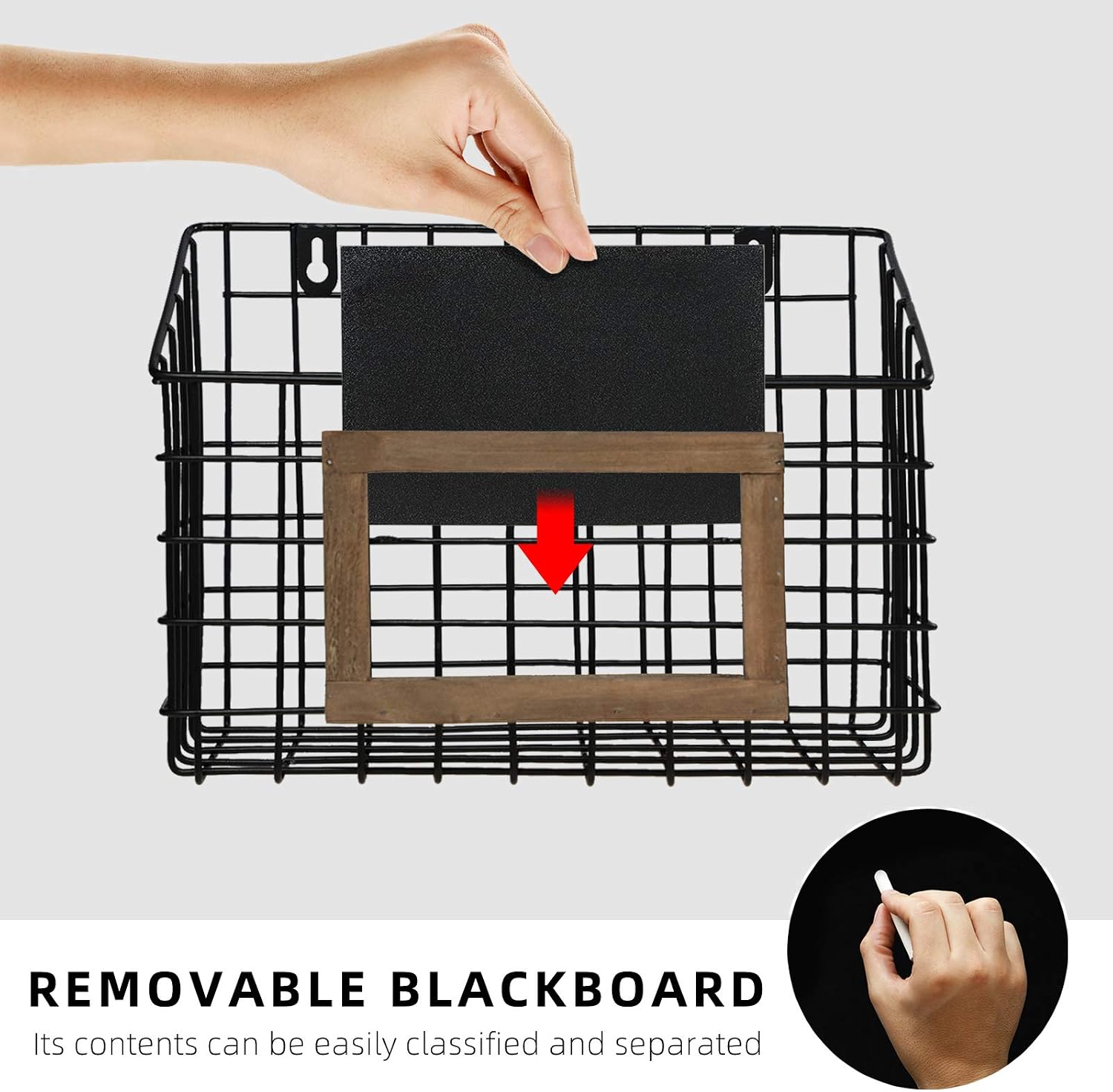 Matt Black Metal Wire Wall Hanging Storage Baskets with Chalkboard Labels, Set of 3, 3 Different Size Hanging Wire Baskets, Black Metal Baskets for Wall