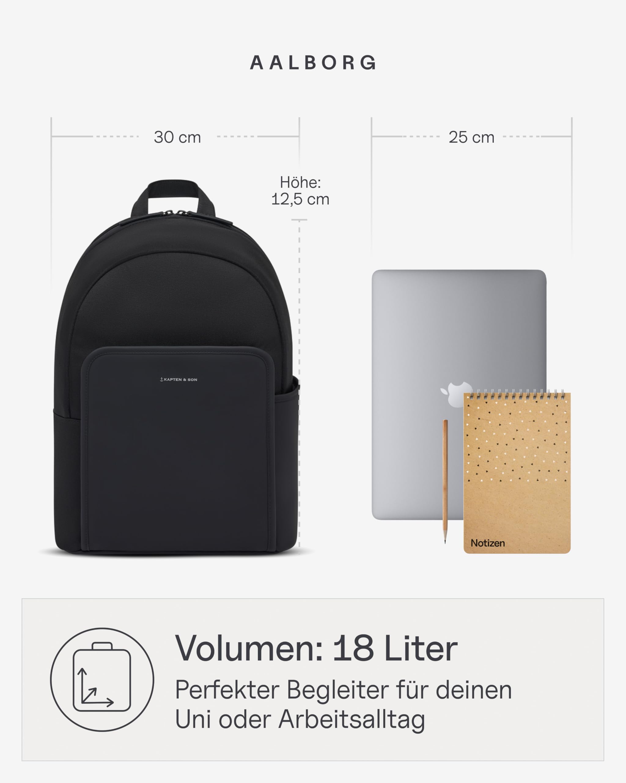 Kapten & Son Rucksack Aalborg NEW All Black 18 L | Rucksack Damen & Herren Schwarz | Handgepäck Rucksack mit 16'' Laptopfach | Backpack ideal für Uni, Arbeit, Reisen