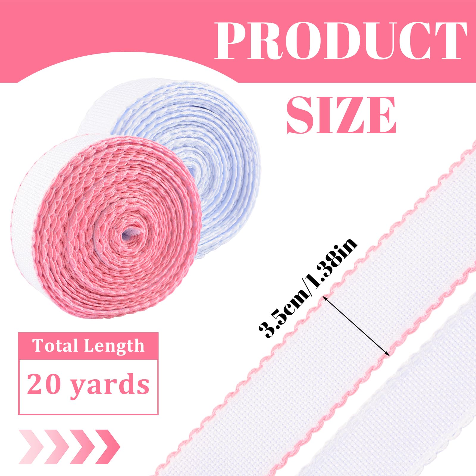 Rotolo di tessuto per punto croce, 2 rotoli da 18,4 m, bianco e rosa, bordo Aida per ricamo, cucito, segnalibri, fai da te e lavori a maglia