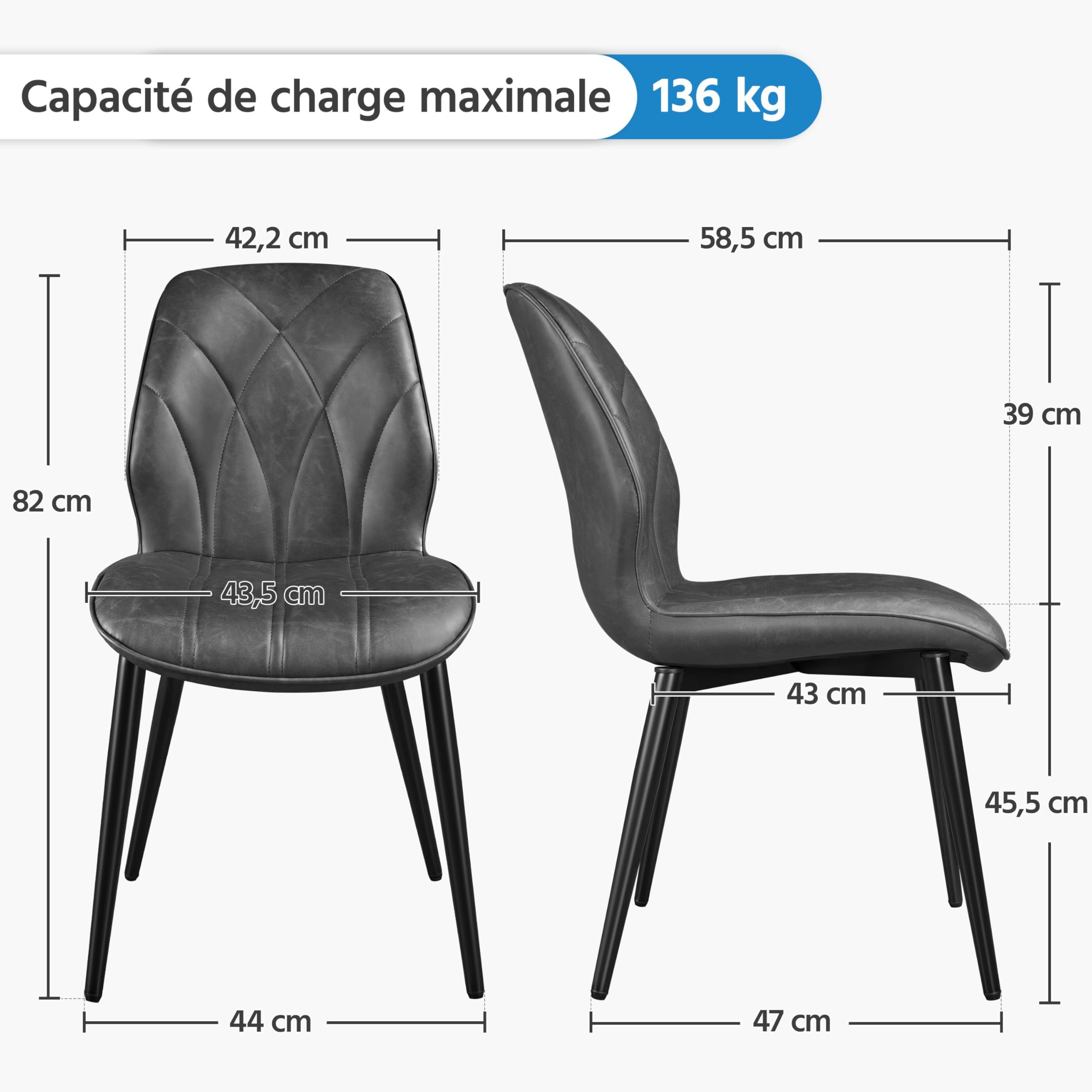 Yaheetech Chaises de Salle à Manger Lot de 4 Assise en Similicuir Dossier Ergonomique Chaises de Cuisine Moderne Bien Rembourrée Sièges de Chambre Cadre en Métal 58,5 × 44 × 82 cm Gris Foncé