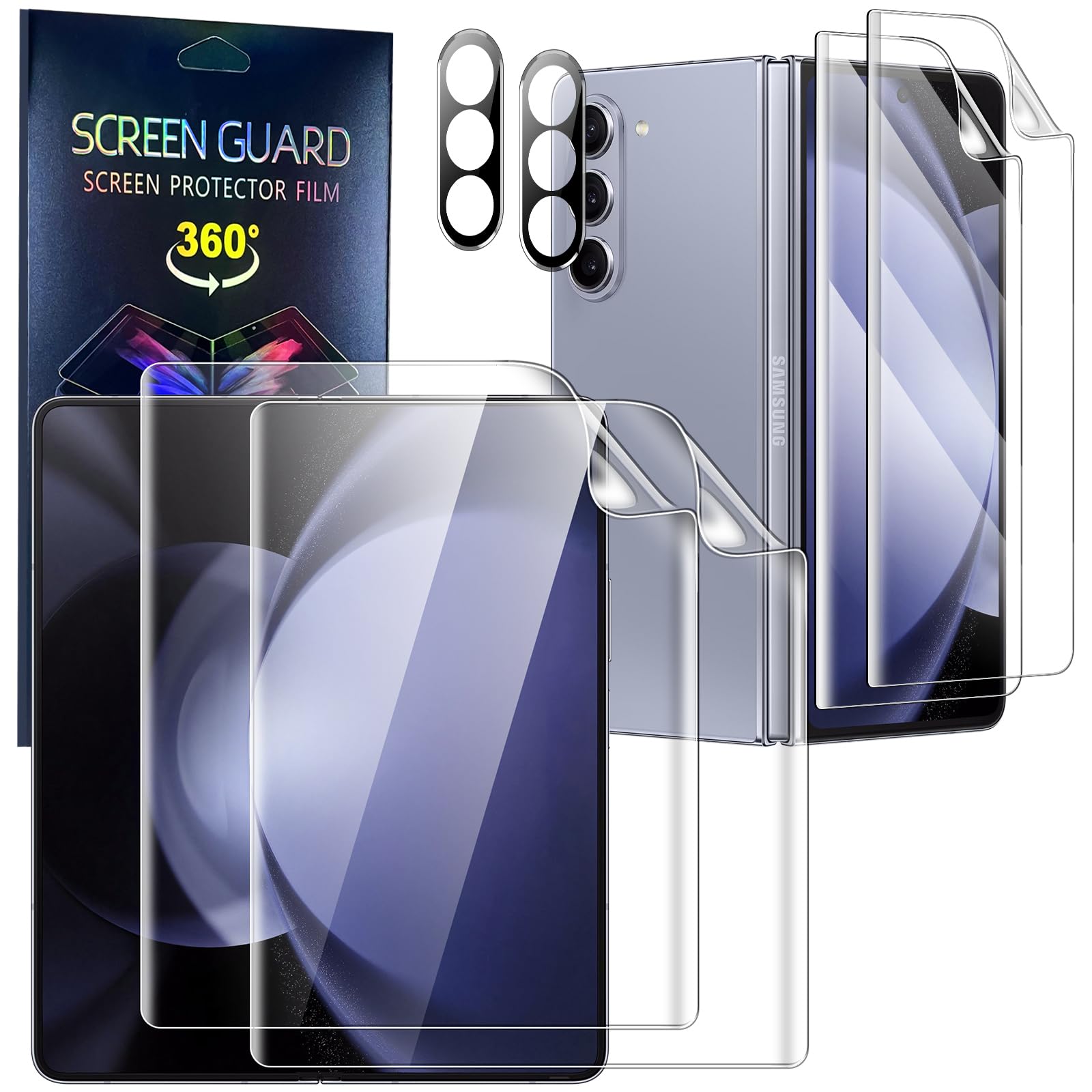 Vizvera for Samsung Fold 5 Screen Protector, [2 +2 +2 Pcs Inside and Front and Camera Lens Screen Protector] With Accessories, Flexible Film HD Transparent High Clear Bubble Free for z Fold 5-Clear