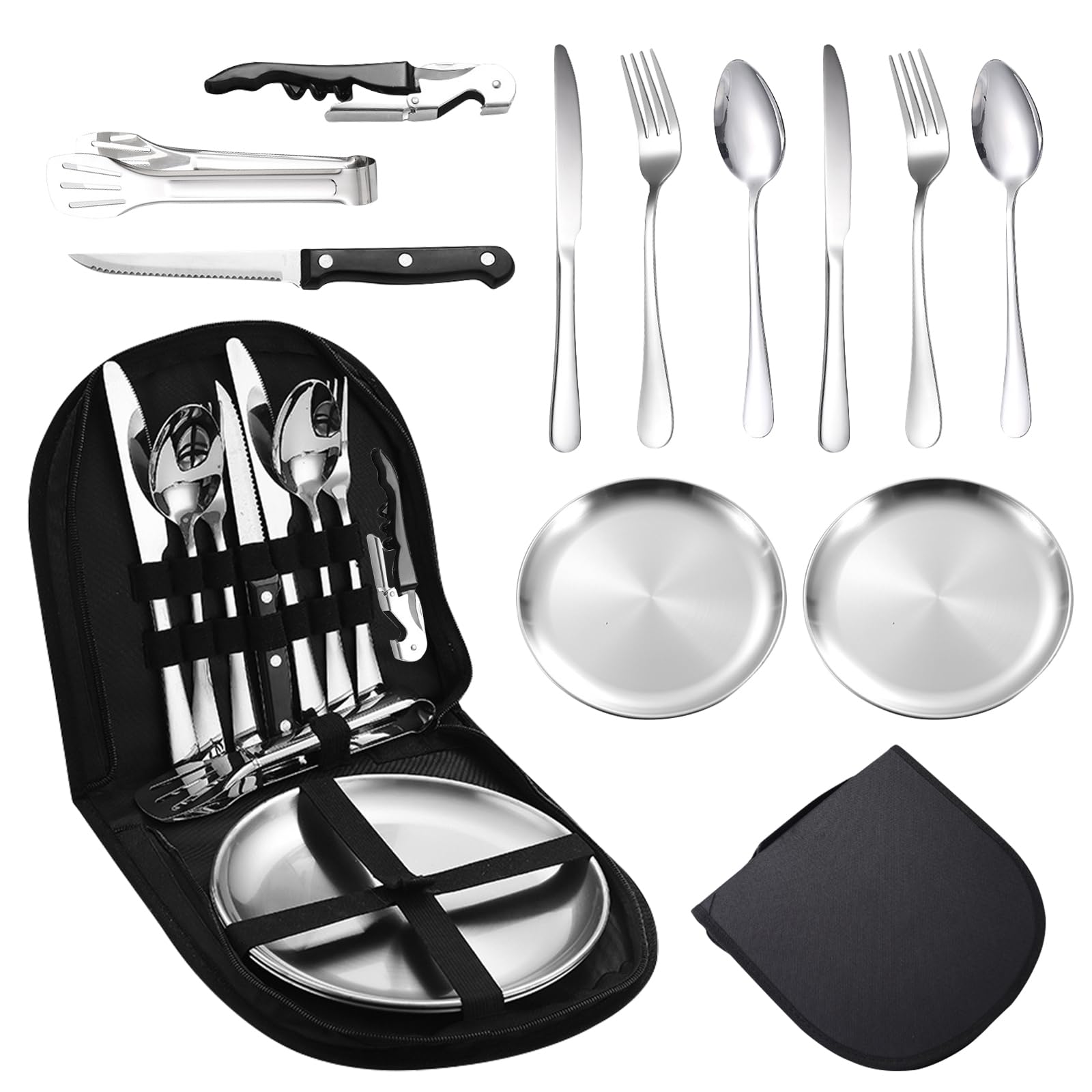 Couverts de camping pour 2 personnes en acier inoxydable avec assiette et sac