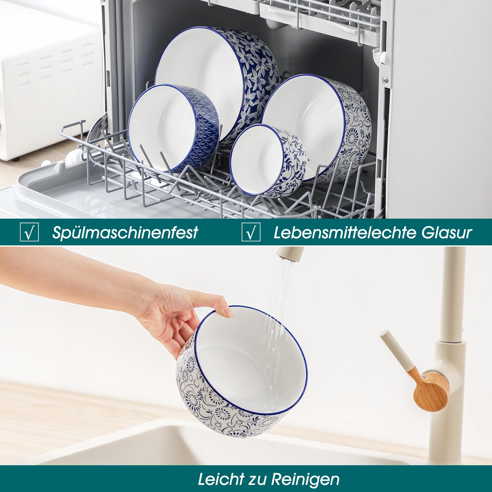 Salatschüssel mit Deckel 4 teilig, vancasso Müslischalen Keramik, Servierschalen Blau-Weiß, Schüssel mit Deckel für Müsli, Salat, Suppe, Ramen