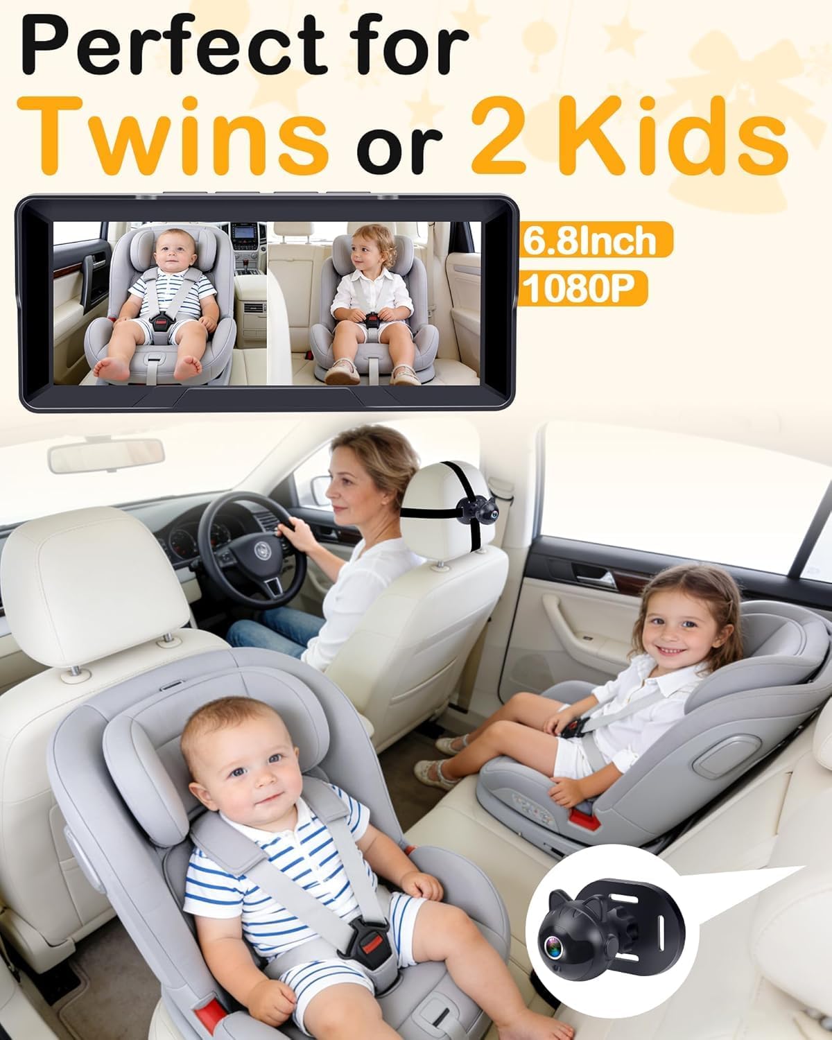 Thybro 1080P Dual Baby Car Camera: 6.8″ Night Vision Monitor 2-Kids from Head to Toe at Once – USB Plug & Play Tool-Free Easy Setup for Two-Child Families on Daily Driving