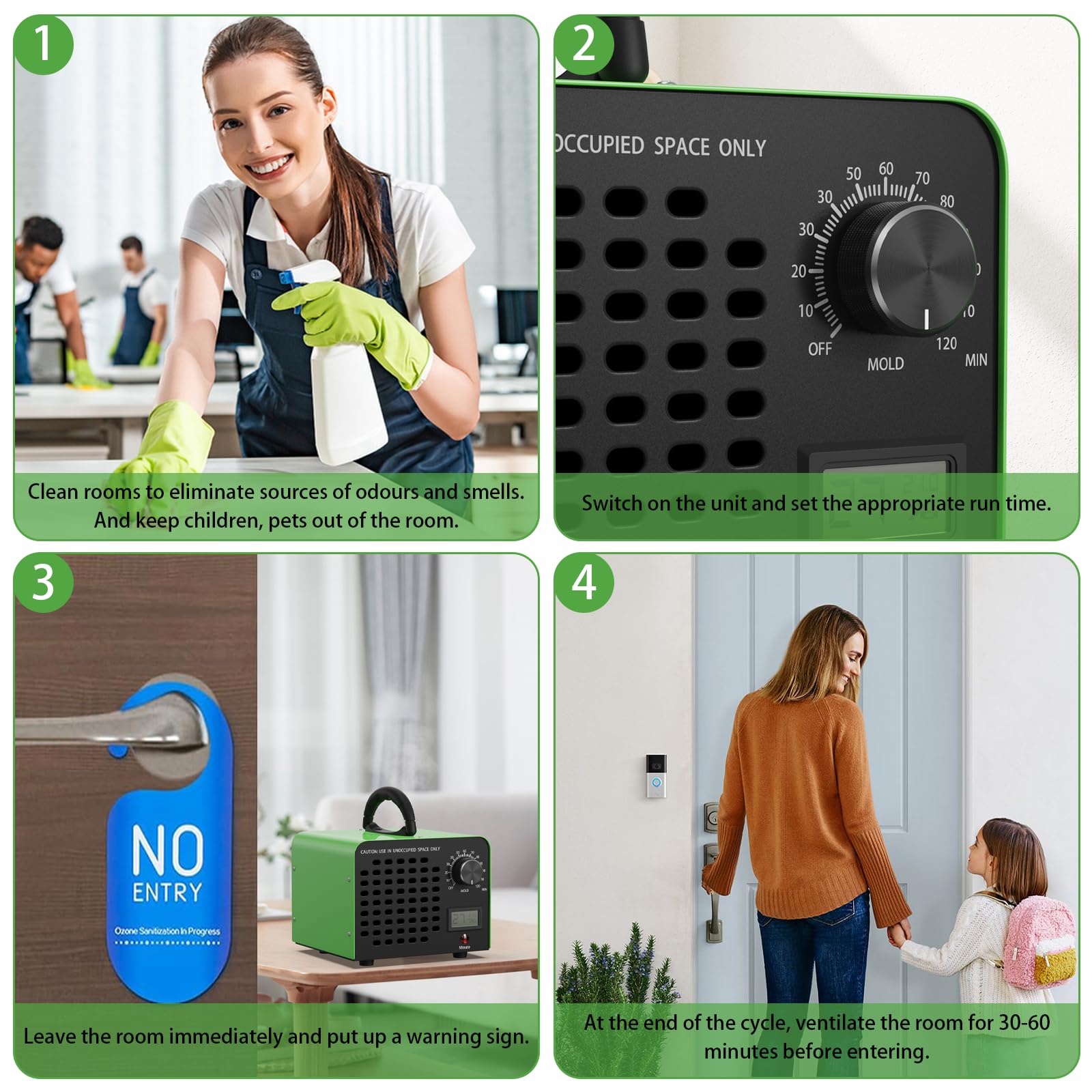 FREEUP Generatore di ozono 60.000 mg/h, Portatile Ozonizzatore per Ambienti Abitazioni Auto Casa Uffici Hotel, con Indicatore di Temperatura e Umidità, Timer 120 min, Max 400 m², Verde