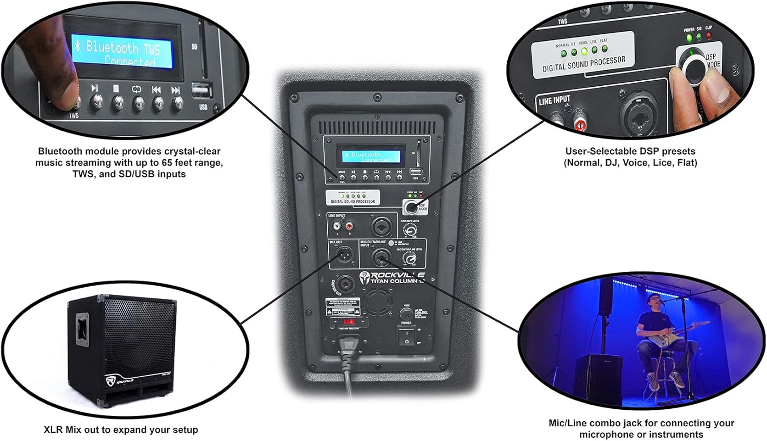 Rockville TITAN COLUMN 12 Powered Array System, 12" Sub, Deep Bass, 2600W, DSP, Adjustable Pole, Bluetooth, Bag Included, Perfect for DJs, Parties - Image 3