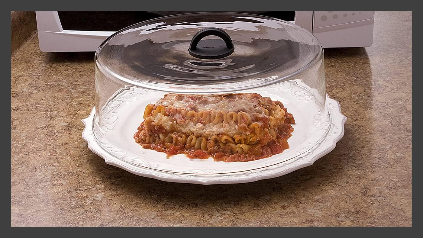 Tall Microwave Tempered Borosilicate Glass Plate Cover with Black Easy-Grip Silicone Handle - Unvented to Steam Food -Microwaveable/Oven/Stove Safe - Black Silicone Handle for Safe Easy Grip