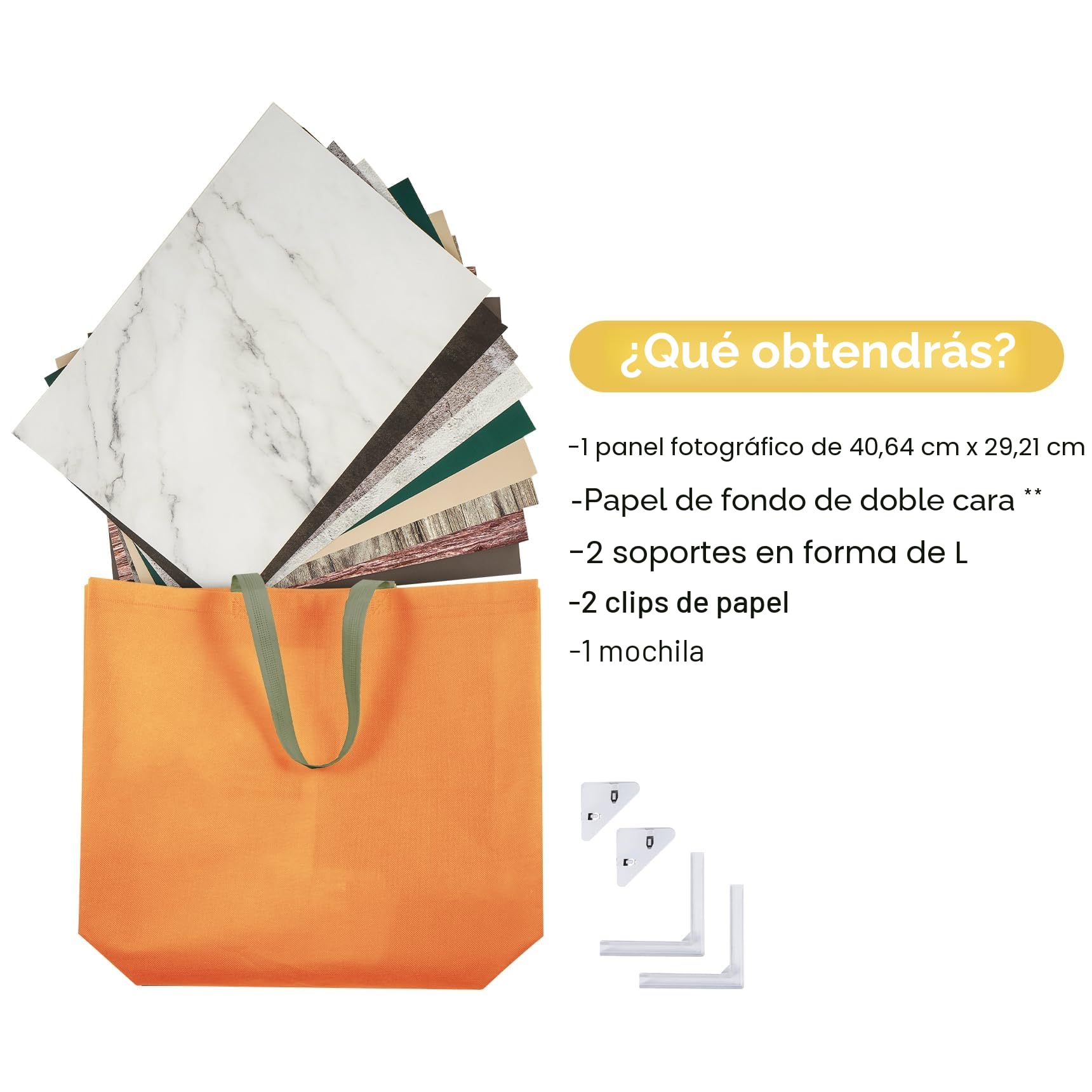 Set de fondos de fotos 30x40cm para pequeña fotografía de productos, cartón reflectante + 9 piezas de papel de fondo de doble cara con 18 patrones para alimentos, joyería, productos para el