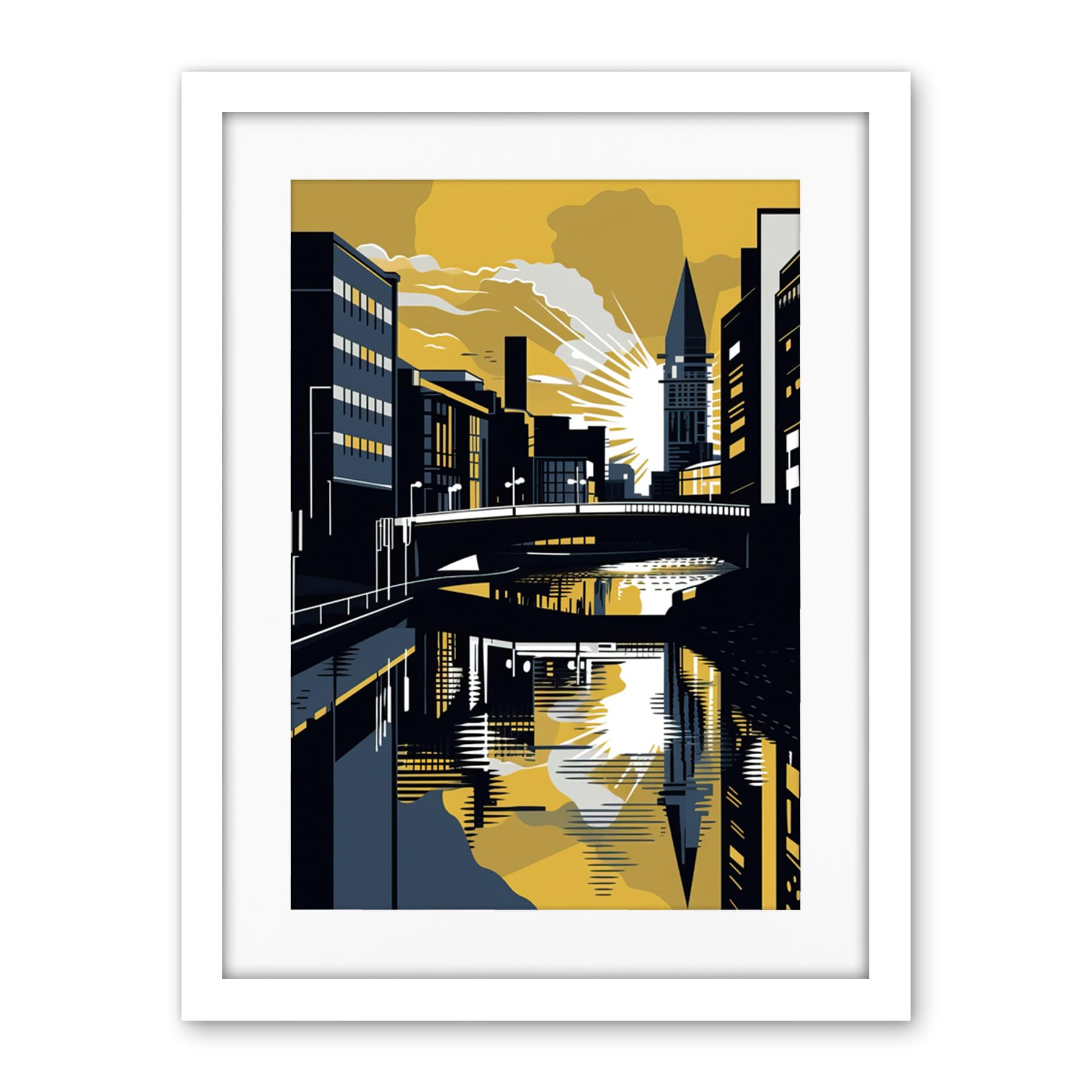 Artery8 Glasgow Scotland River Cityscape Sunrise Geometric Artwork Framed Wall Art Print 18X24 Inch