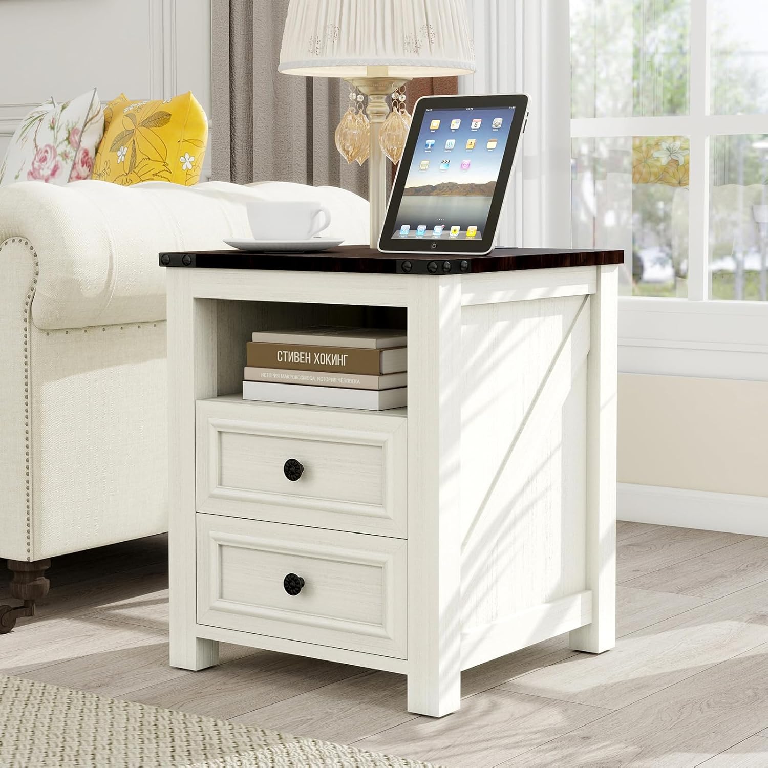 MUUEGM 18" Farmhouse Night Stand with Charging Station Antique White End Table for Living Room with 2 Drawers Bed Side Table Cabinet Wooden Nightstand for Bedroom Bedside Table,Set of 1
