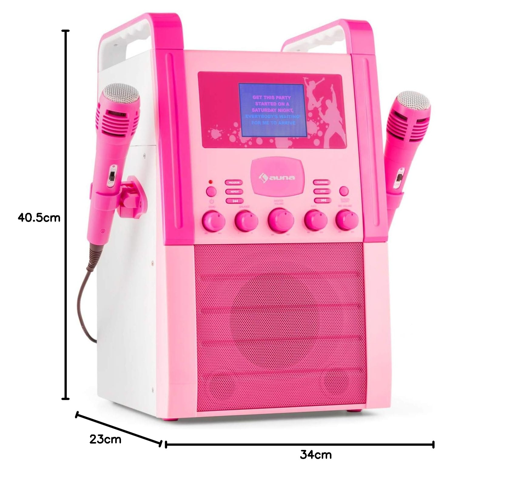 AUNA KA8P-V2 - Impianto Karaoke, Display TFT 3,5'', 2 x Microfoni Dinamici, Altoparlante Incorporato, Uscita Video, CD, CD+G, MP3, Ingresso AUX, Rosa Confetto