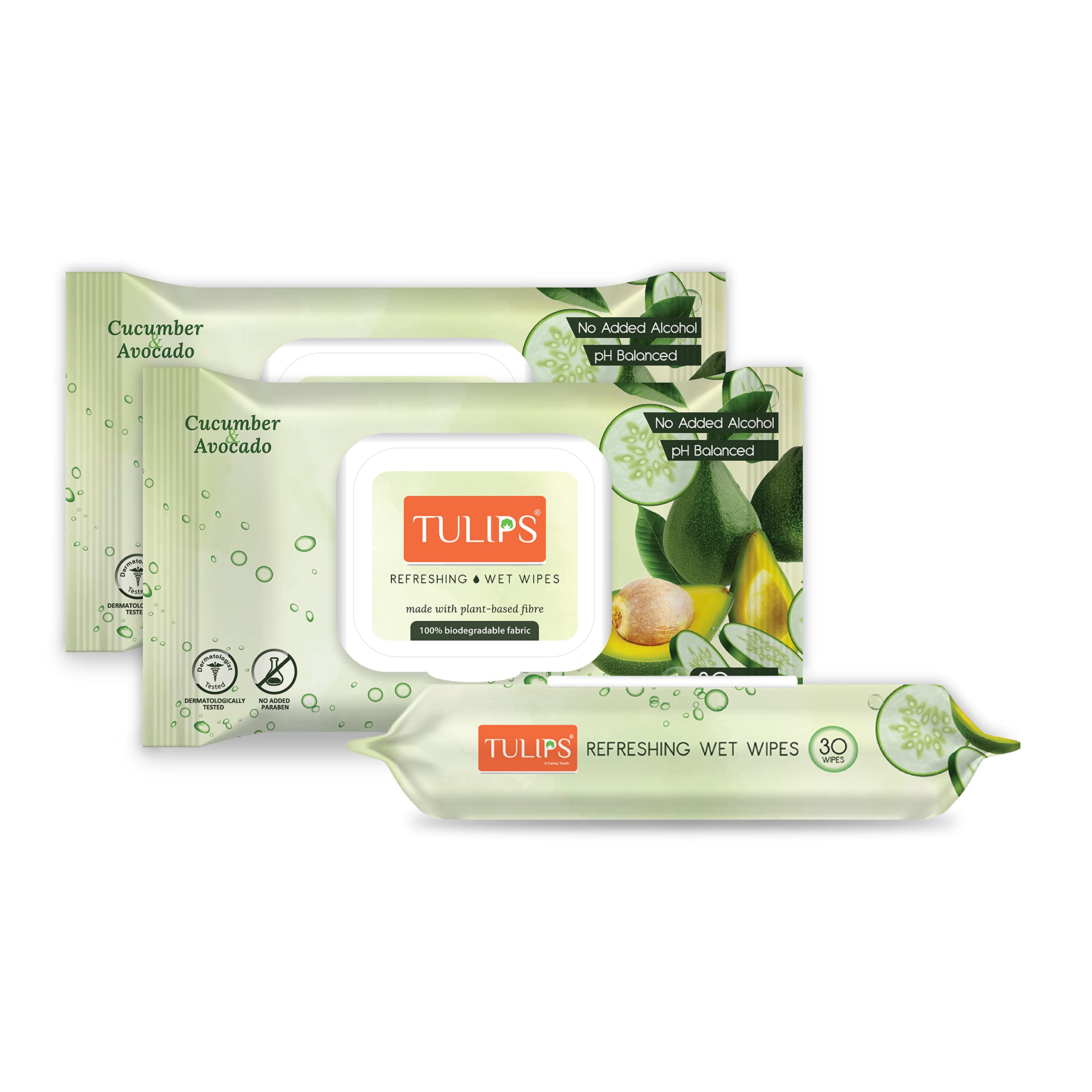 Tulips Refreshing, Makeup Remover, Everyday Cleaning Wet Wipes Biodegradable Fabric LID Pack (Cucumber & Avocado, Pack of 3)-image-5