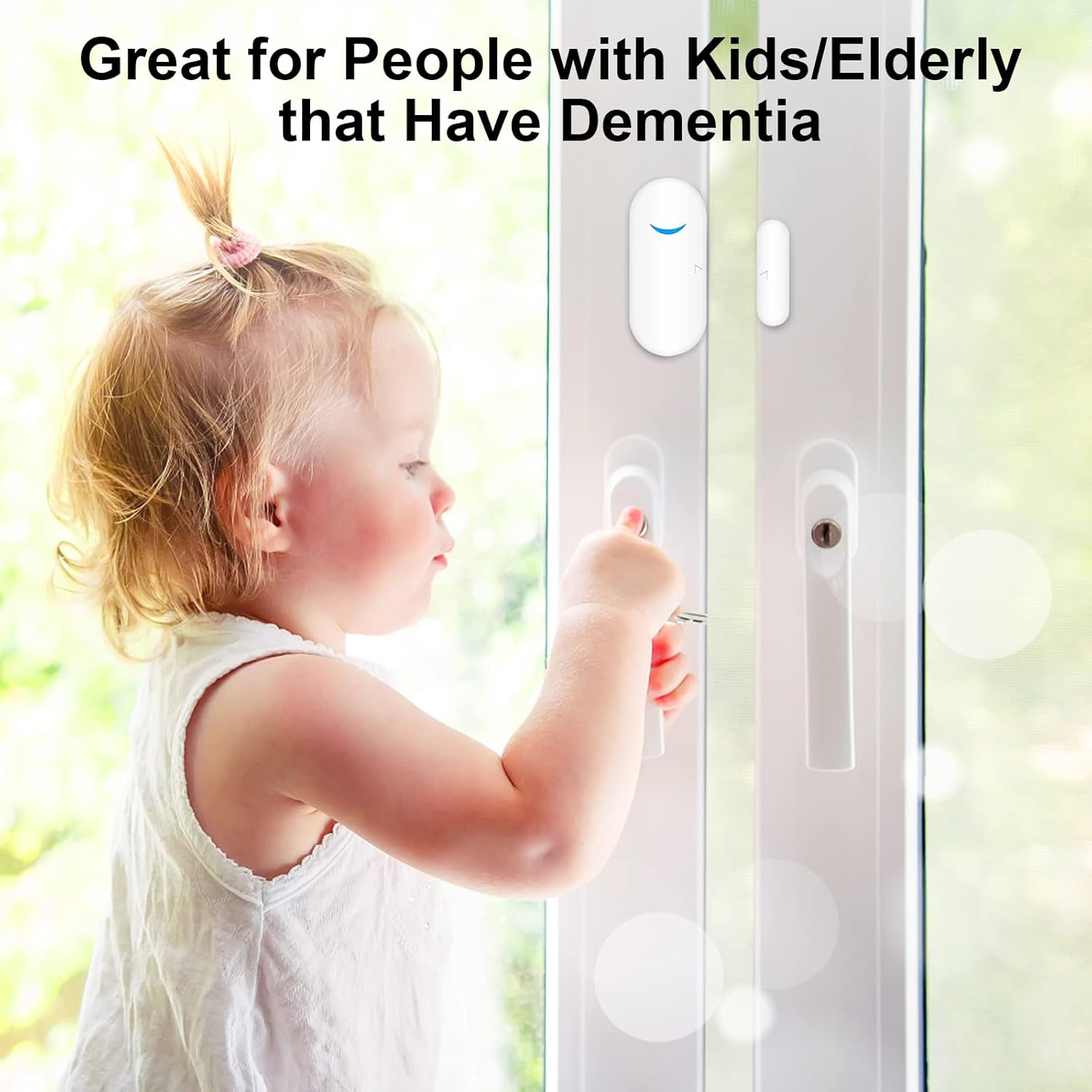 A young child attempting to open a door, with a door sensor visible on the frame. Text reads 'Great for People with Kids/Elderly that Have Dementia'.