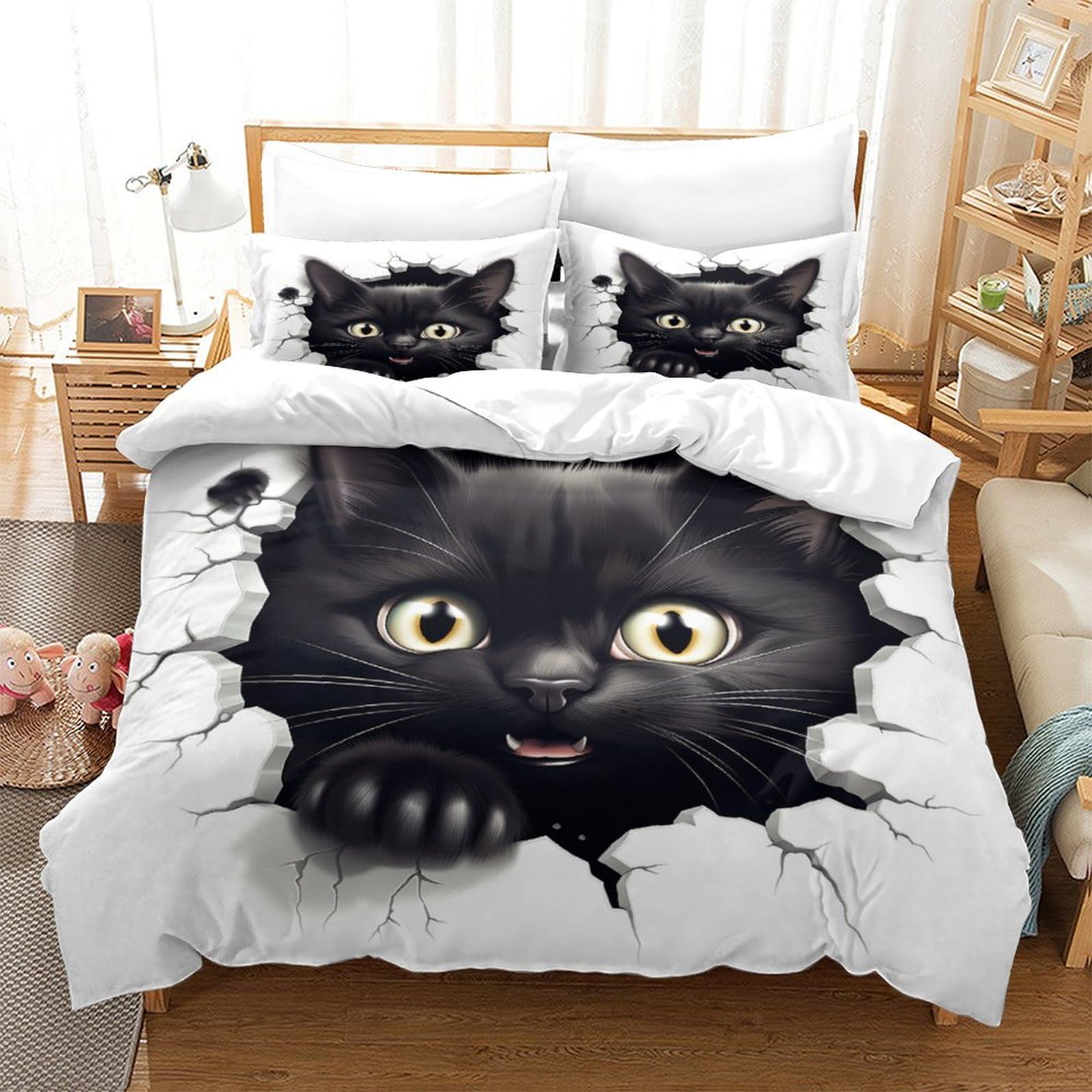 Housse de couette imprimé 3D chat noir pour chambre moderne