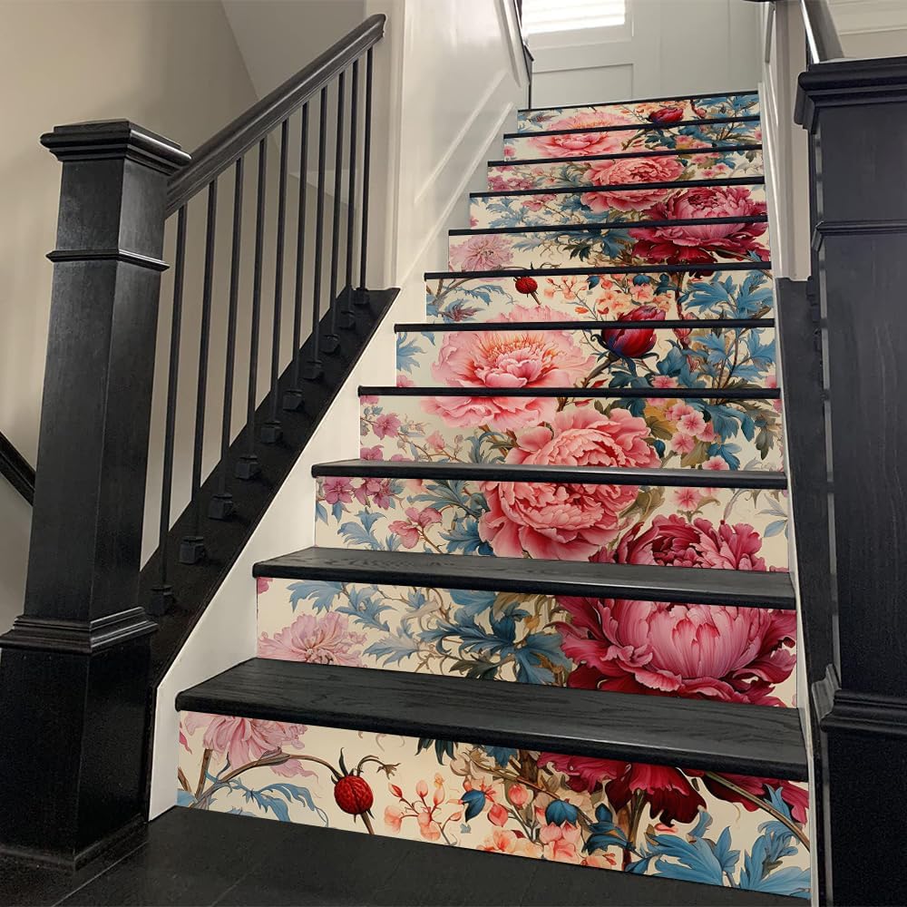 REDAMANCY Vintage Magenta, Beige Peony Flower Peel and Stick Vinyl Stair Riser Decals (14Pcs)