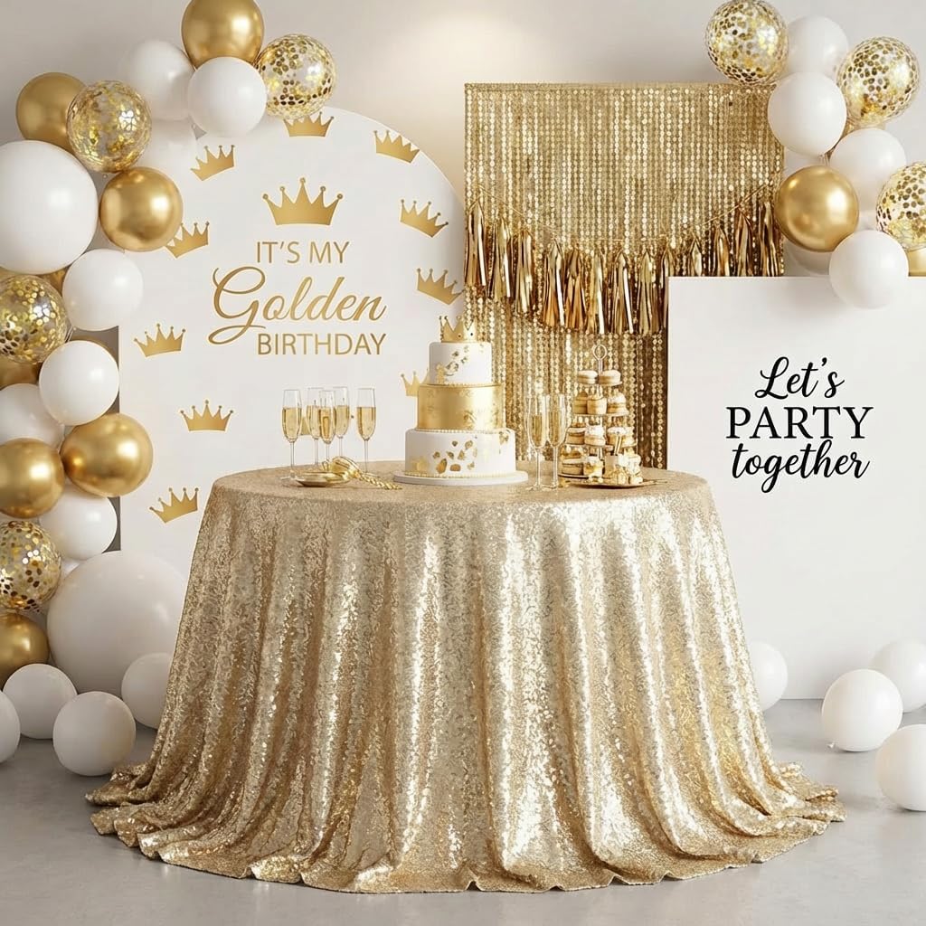 120 Inch Round Champagne Sequin Tablecloth, Metallic Glitter Sparkle Table Cover for Banquet Dining Table or Overlay, Sequin Fabric Table Cloths for Wedding Birthday Party Decorations