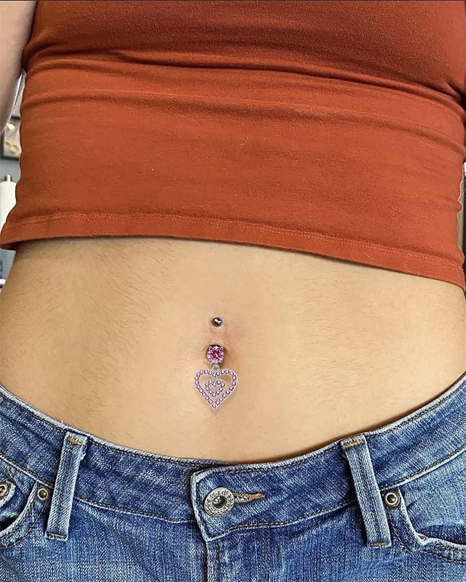 Multi Crystals Double Heart Design 925 Sterling Silver with Stainless Steel Belly Ring - Belly Button jewelry - Navel jewelry