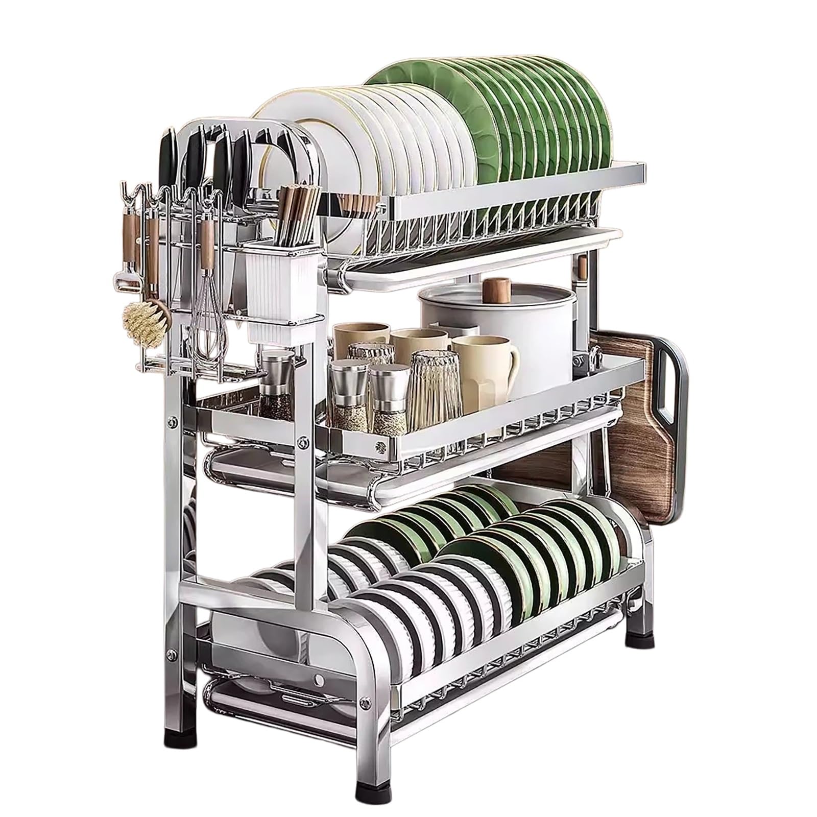 Escurridor de platos de acero inoxidable de 3 niveles, cocina que ahorra espacio con bandeja de goteo para platos, vasos y tablas de cortar (53 x 24 x 60 cm), acero 304