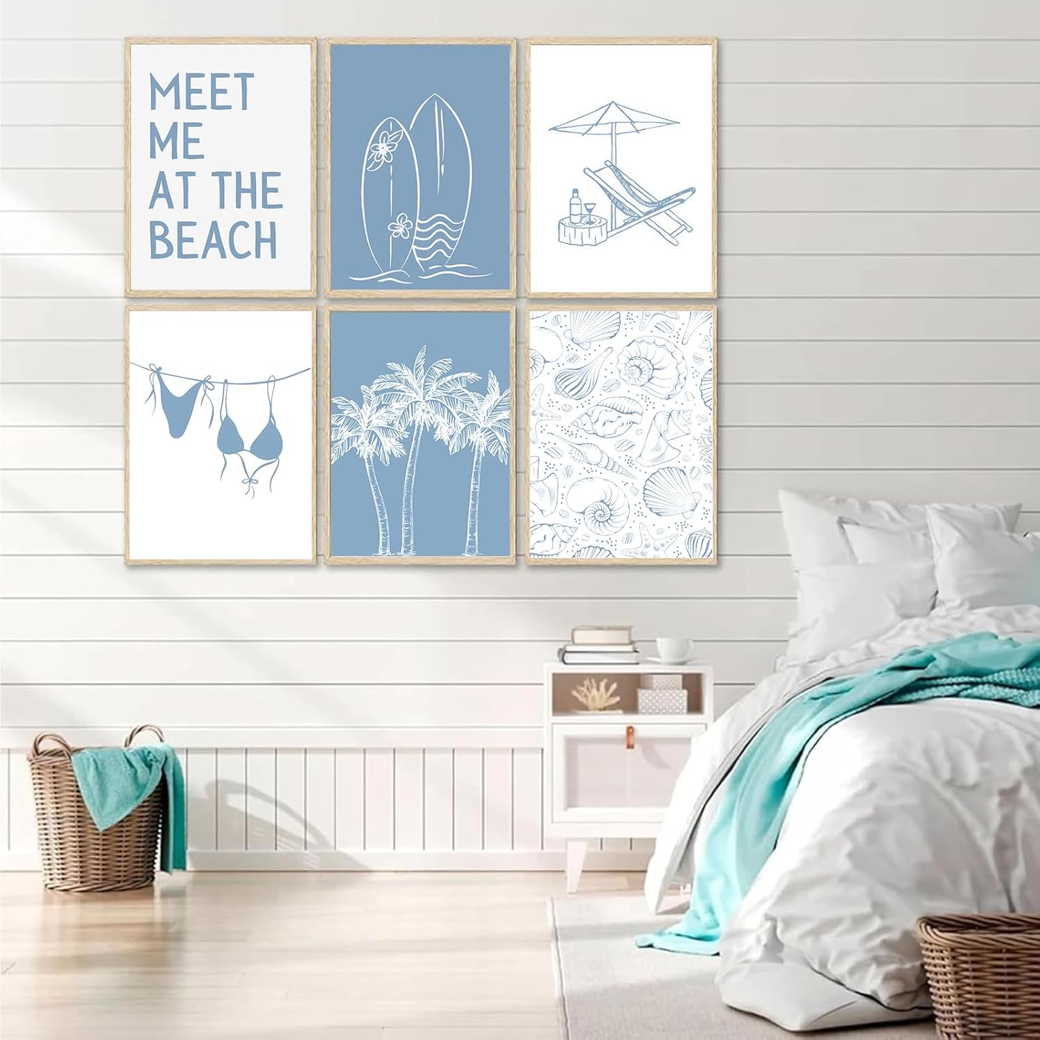 ZUGHRERF 6pcs Blue Coastal Canvas Wall Art Trendy Preppy Bikini Shells Poster Prints Ocean Themed Painting Artwork Beach Aesthetics Picture for Teen Girls Room Dorm Decoration 12"x16"Unframed