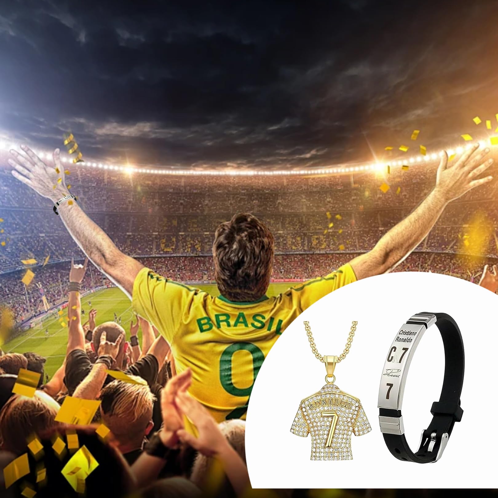 Set di catene da calcio Cr7, bracciale da calcio per ragazzi, collane per ragazzi, un pacchetto di accessori sportivi composto da robusto bracciale in pelle, collana corrispondente con ciondolo a