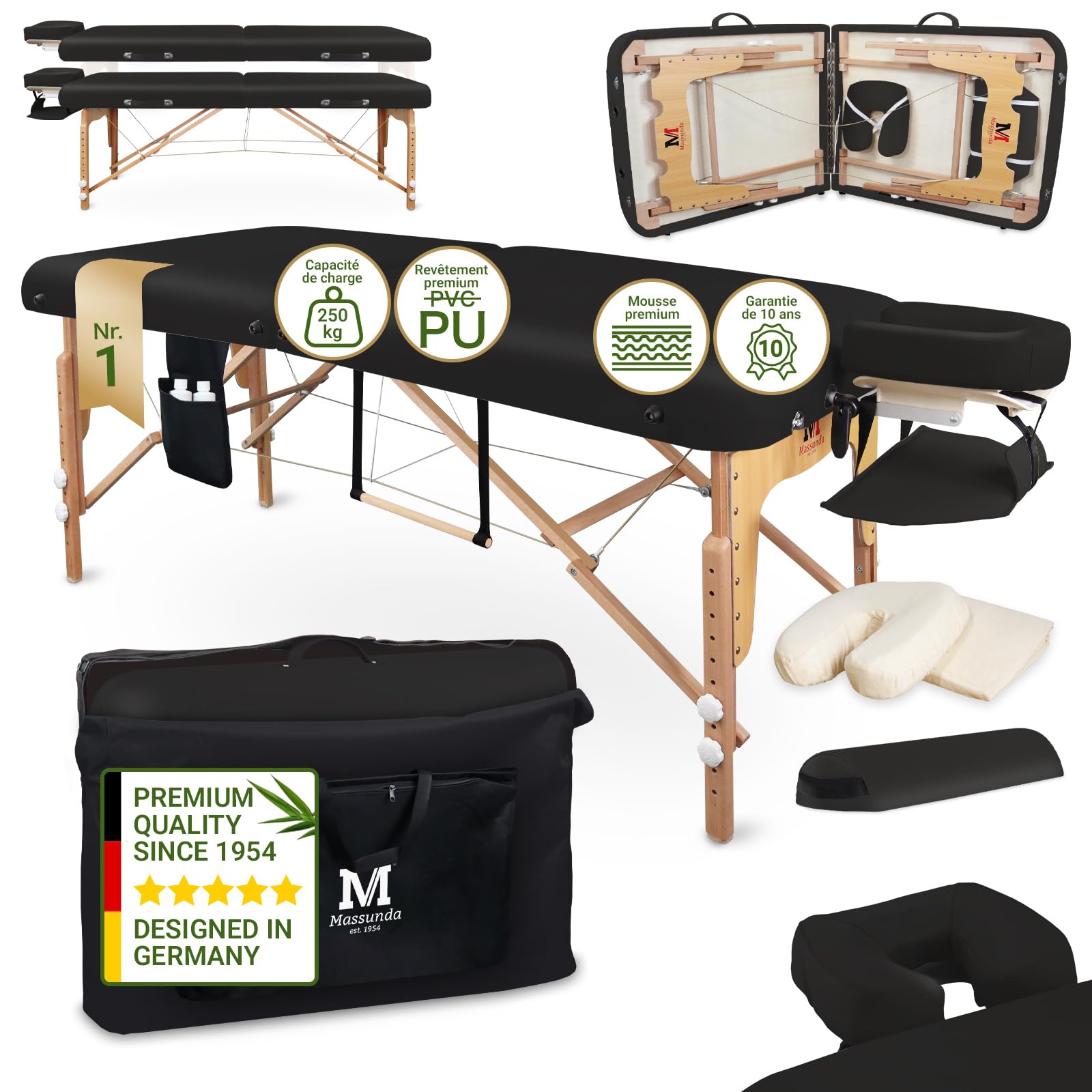 MASSUNDA - Mobile Comfort Deluxe Table de Massage réglable en Hauteur, Table de Massage Pliante Large en Bois Massif, Tables de Massage, Professionnelle (Noir)