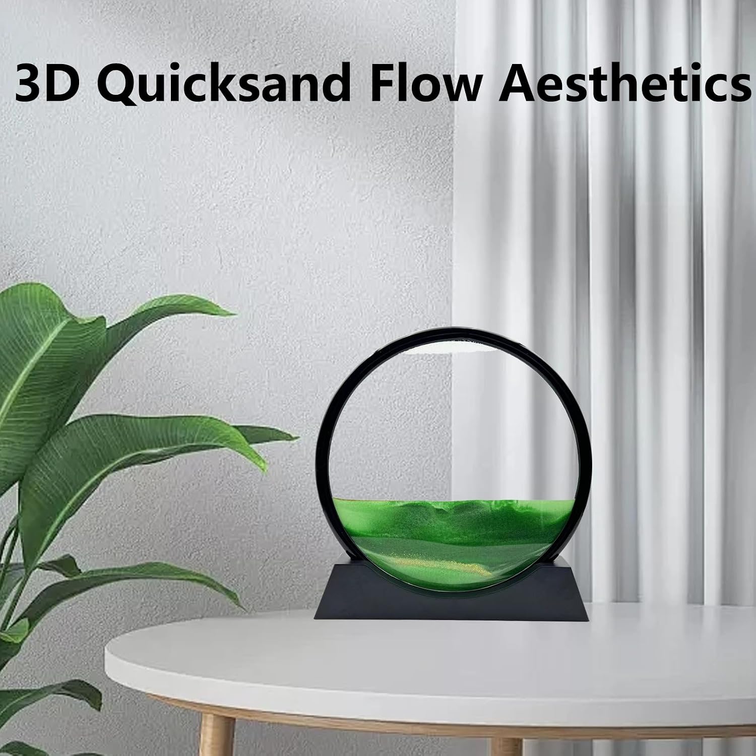 Moving Sand Art Liquid Motion, 3D Deep Sea Sandscape Color Quicksand Decor, Round Glass Moving Sand Art Picture Relaxing Desktop Home Office Work Decor (12 inch-Green)