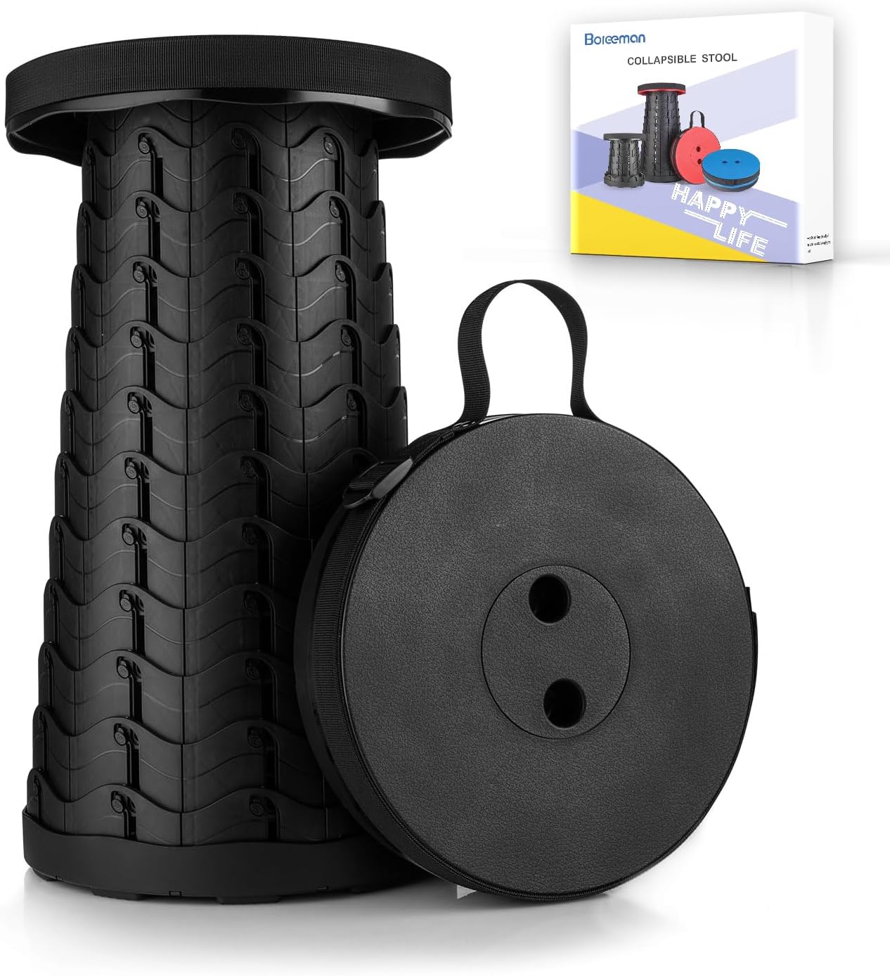 AWH Boreeman Upgraded Folding Stool, Lightweight Yet Sturdy, Load Capacity 400lbs, Portable Collapsible Retractable Stool for Camping Fishing Hiking BBQ (Black)