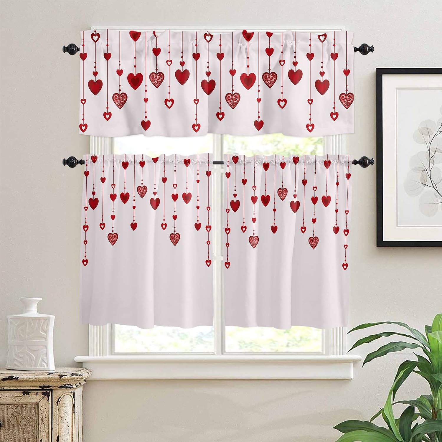 Kitchen Window Valance and Tier Curtains 3 Pieces Set Valentine's Day Hanging Love Heart Rod Pocket Valances Tiers Short Cafe Curtain Privacy Window Treatment for Bedroom Red Romantic Element on Pink