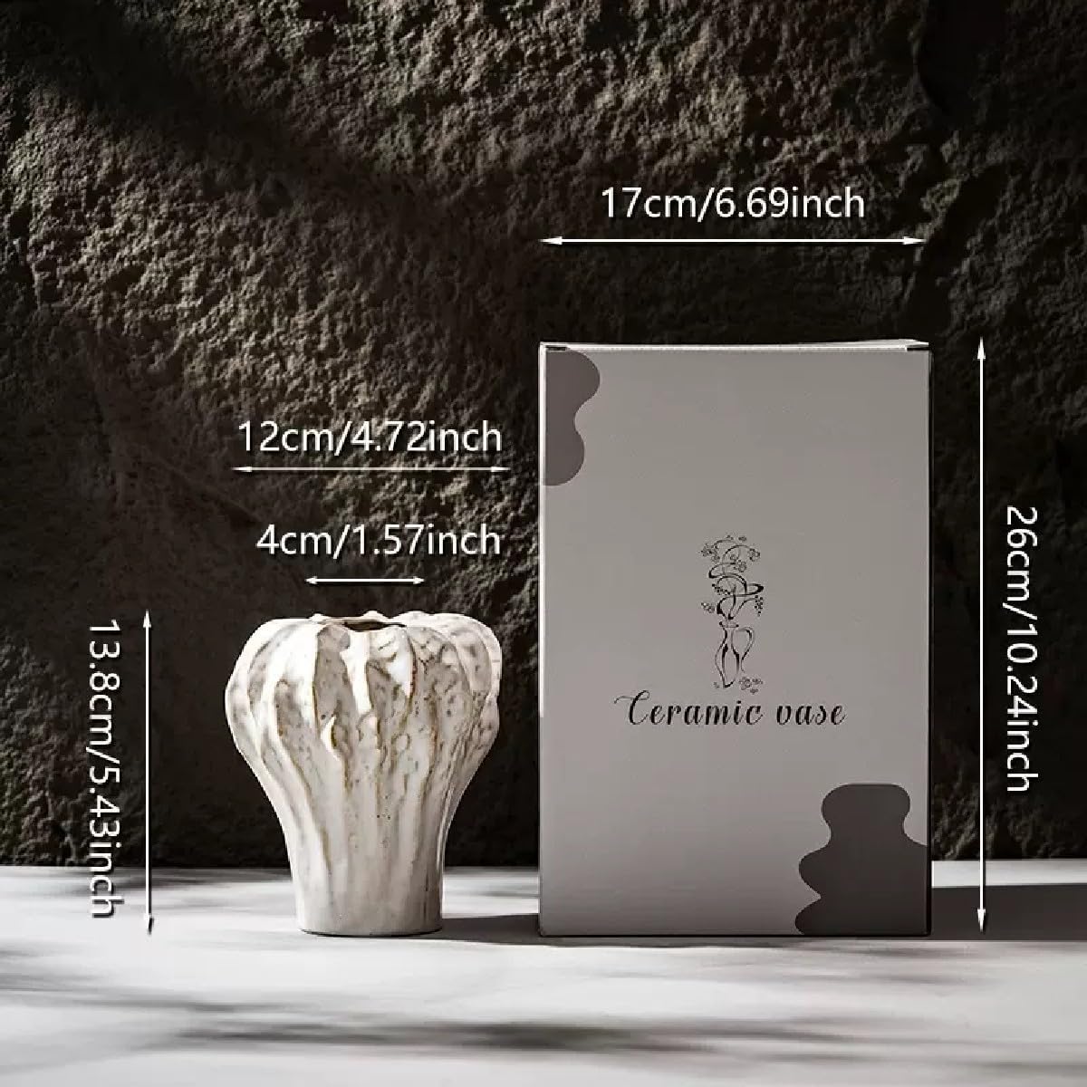 Ceramic Flower Vase 5.43Inch Off-White Vintage Textured Vase Wabi Sabi Decor for Modern Farmhouse with Gift Box for Home,Living Room,Shelf,Tabletop,Office(M)