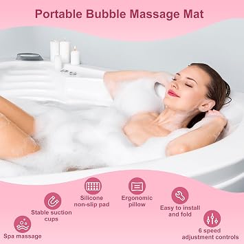 Electric Bubble Massage Mat with Pillow for Bathtub - Portable Spa Bubble Bath Massager, 6-Speed Adjustable Jet Spa & Remote Control, 13 Suction Cups, 74 Air Jets for Full-Body Relaxation