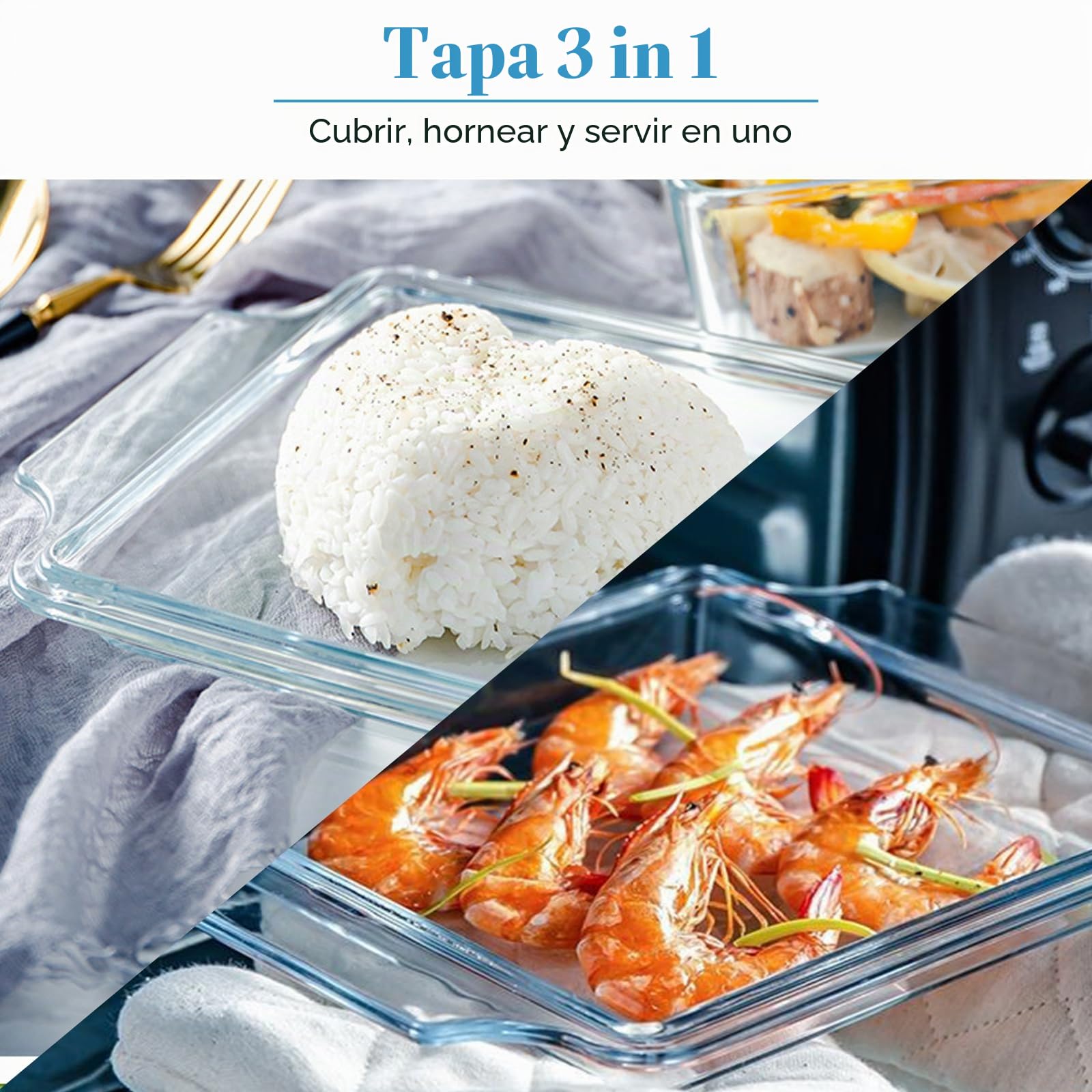 YAYODS 2 fuentes de cristal con tapa – 1000/1500 ml – Juego de cazuelas rectangulares – Utensilios microondas Lasaña de cristal – Molde para horno de cristal con asas – Cuenco de cristal para ensalada
