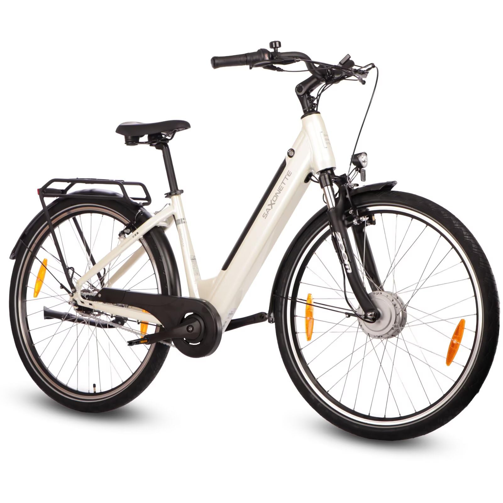 SAXONETTE E Bike mit Rücktrittbremse und nabenschaltung, Ebike Damen 28 Zoll mit 36V 13Ah BMS Akku, 7 Gang Elektro Fahrrad Erwachsene mit Federgabel, Pedelec mit Gepäckträger für Damen und Herren