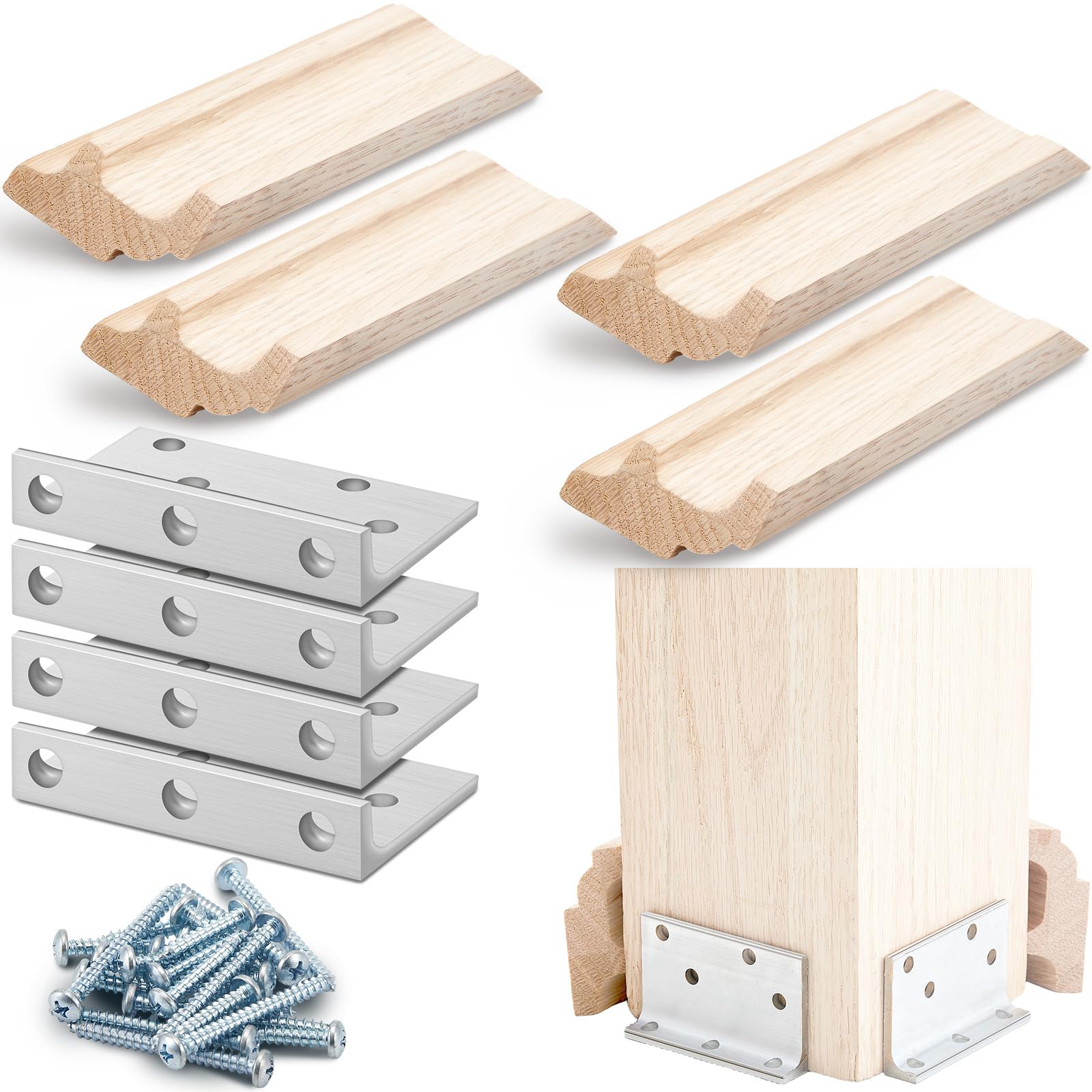 Photo 1 of Blulu 2 Set 3-1/2" Newel Post Mounting Kit 8 Pcs L Bracket Post Fasteners with 8 Pcs Maple Wood Skirt Trim and Screws for Square Newels Fastening Handrails Railings Balustrades to Stairs and Floors