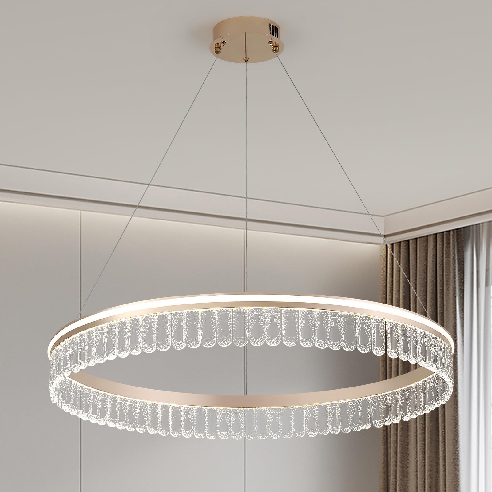 Lampadario Di Cristallo D'Oro,60Cm Rotonda Lampadario Led,Moderno Lampadari Cucina 3000K-6000K Dimmable Luce,Lampadari Sospensione Per Camera Da Letto Cucina Hall,30W