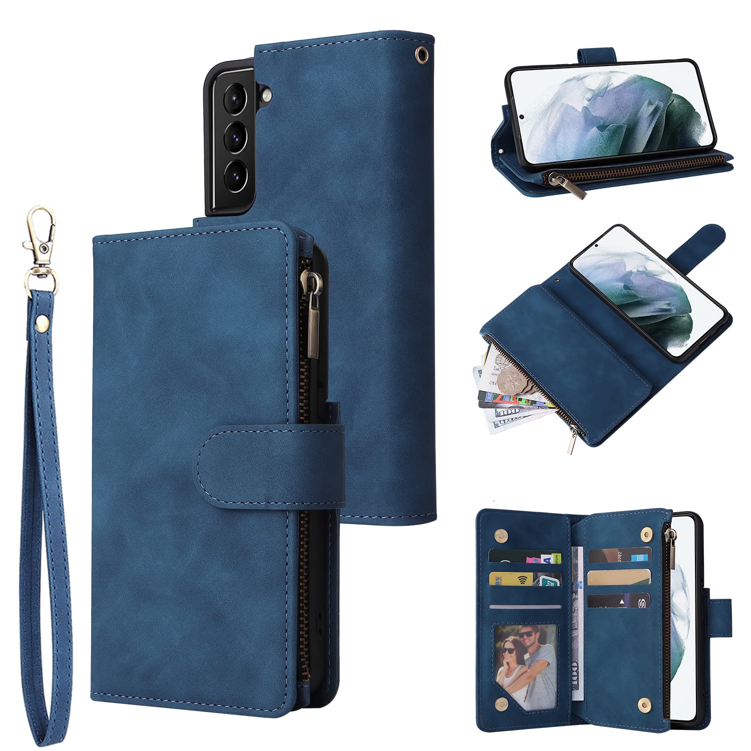 RANYOK Compatible with Galaxy S22+ Plus 5G Wallet Case, Premium PU Leather Zipper Folio RFID Blocking with Card Slot Wrist Strap Magnetic Closure Built-in Kickstand Protective Case (Blue)