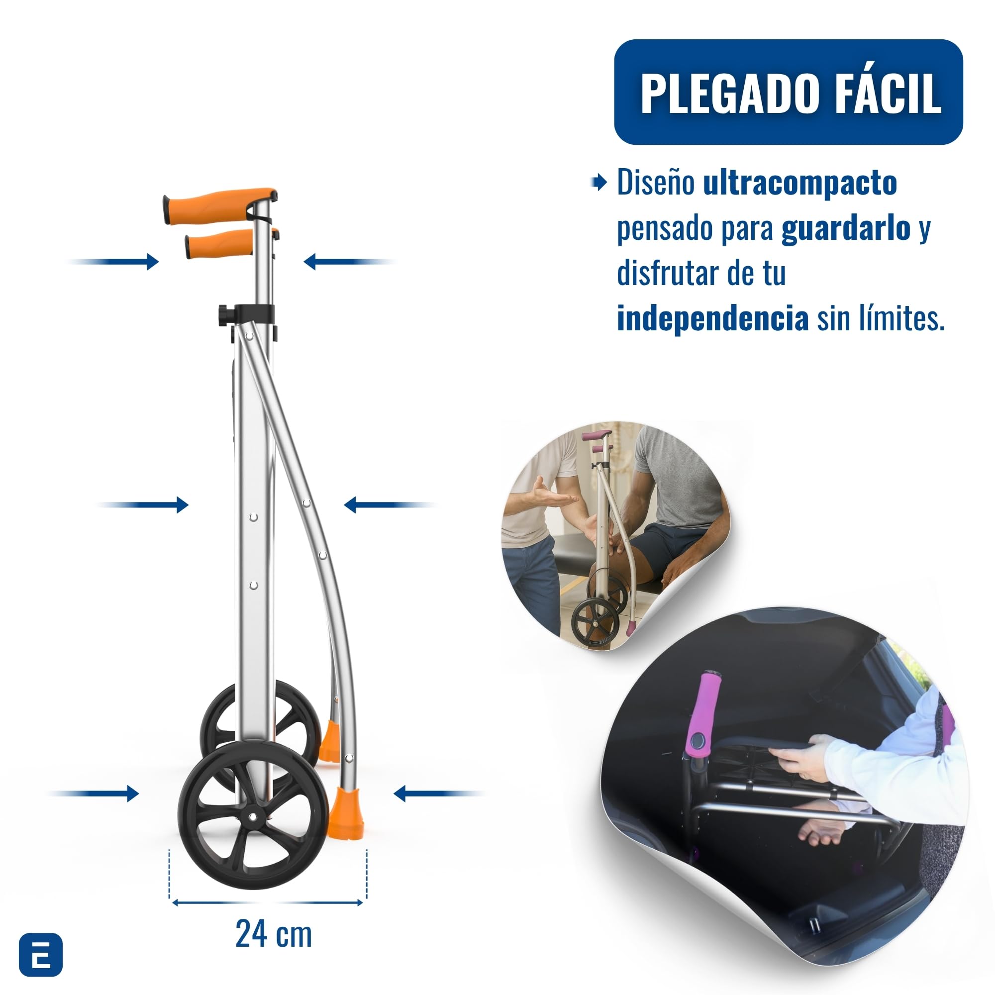 INDESmed - Andador Plegable con Asiento de Aluminio para ancianos, personas con movilidad reducida o rehabilitación. Ajuste preciso, Mango antitendinitis y antideslizante, 2 Ruedas (Morado)