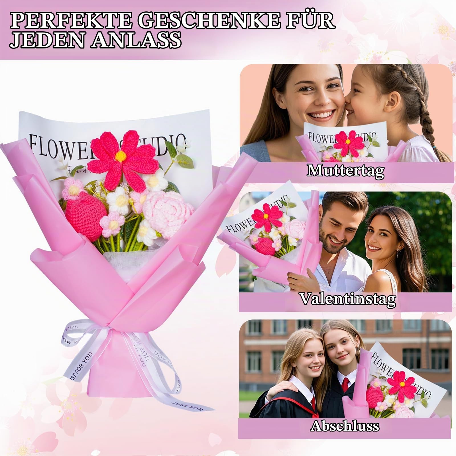 Gehäkelter Blumenstrauß in Rosa, Handgemachte Künstliche Blumen, Allergikerfreundliche Frühlingsdeko & Ästhetische Raumdeko