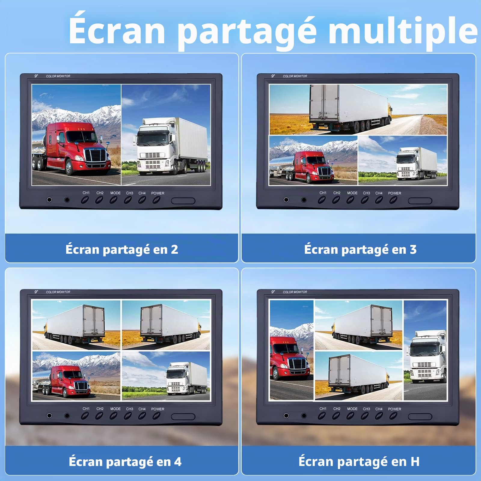 Véhicule Caméra de recul - Camecho 22,9 cm/9 Pouces Moniteur 4 Split Front View, Camera recul Camion 18 IR étanche Vision de Nuit avec 0,6 x 10,1 m et 0,6 x 19,8 m Câbles pour RV, remorque, Bus