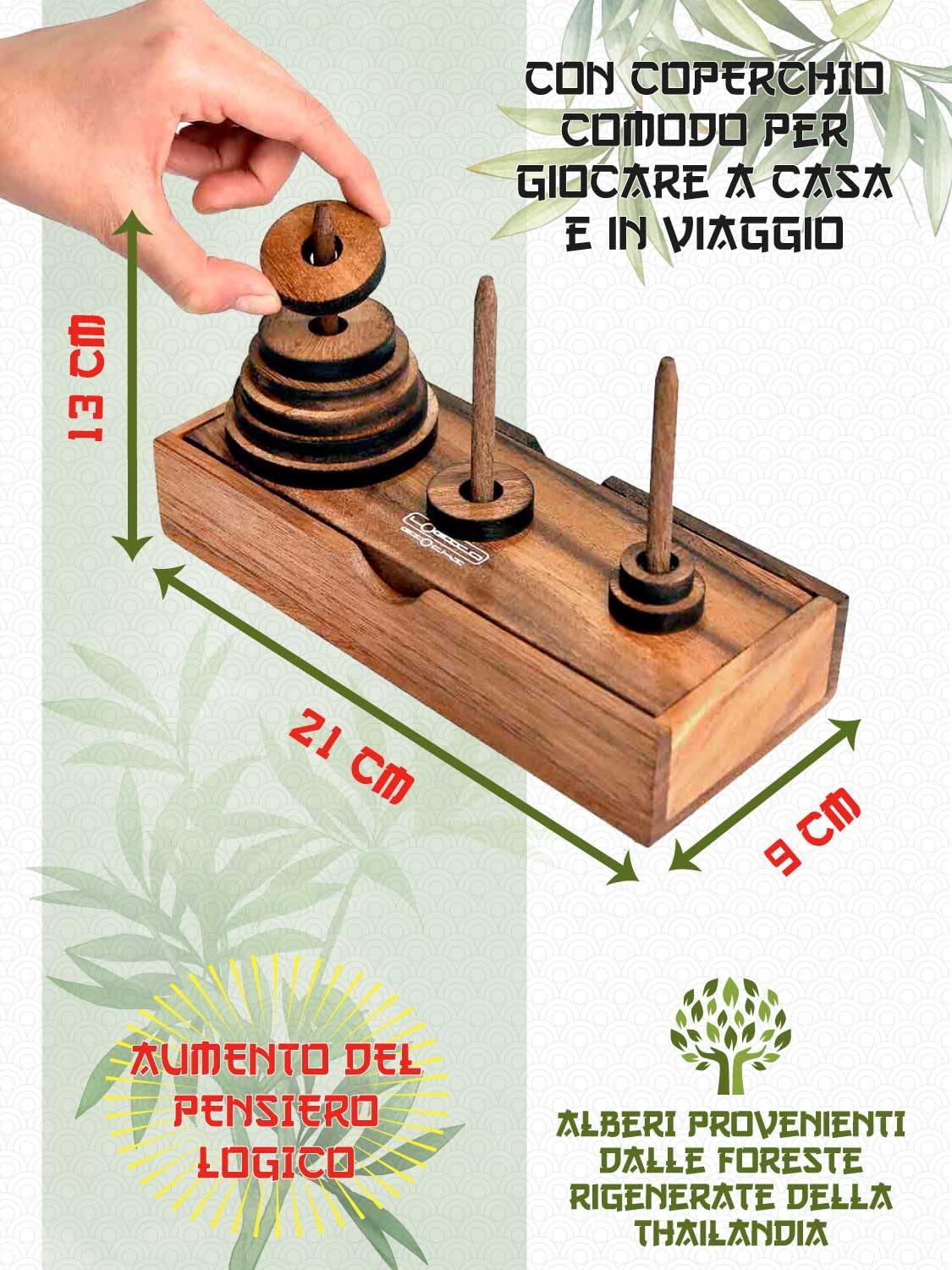 LOGICA GIOCHI Art. Torre di Hanoi 9 Dischi - Rompicapo in Legno Sequenziale - Difficoltà Miste - Scatola Richiudibile