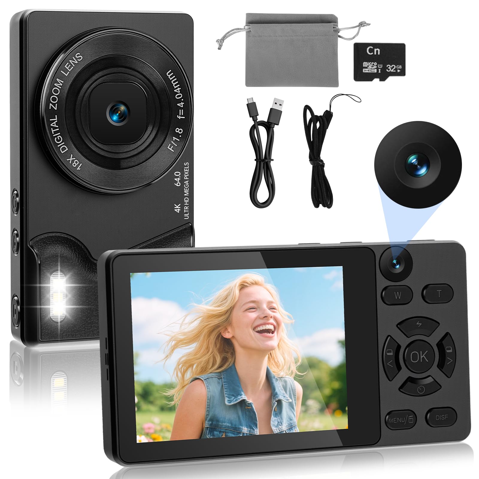 Fotocamera Digitale 4K 64MP con Doppia Fotocamera Frontale e Posteriore, Fotocamera Compatta per Vlogging, Schermo LCD 2,8 Pollici, Zoom Digitale 18X, 32GB SD Card per Bambini (Nero)