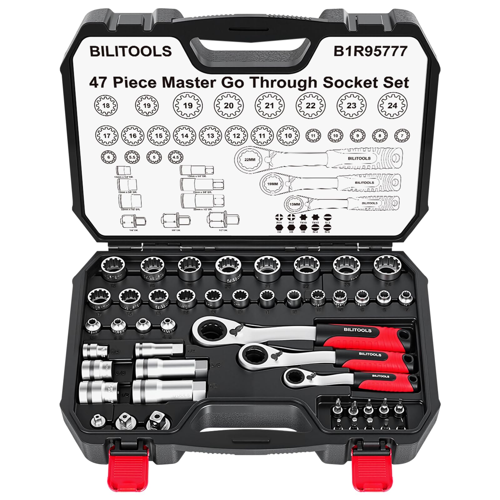 BILITOOLS 47 PCS Pass Through Socket Set with 1/4" & 3/8" & 1/2" Drive, Convertible Ratchet Wrenches (13, 19, 22mm), Spline Sockets and Bits, Pass