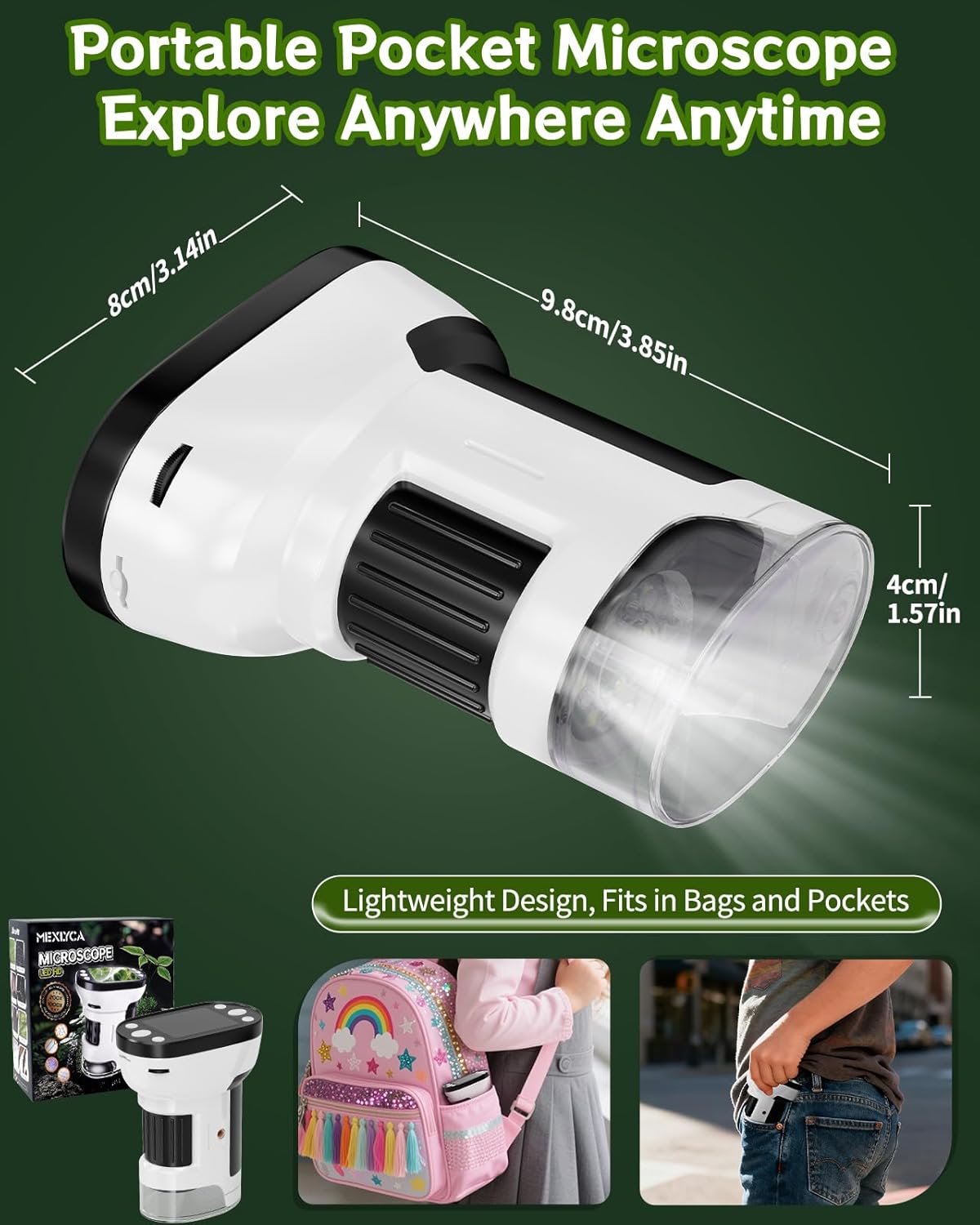 1000X Handheld Microscope for Kids, 2.0" Screen Pocket Microscope, Adjustable LED Screen Rechargeable, Toys for Christmas Birthday Gifts Toys Portable Edu Gift Age 4-6 8-12 Children Students