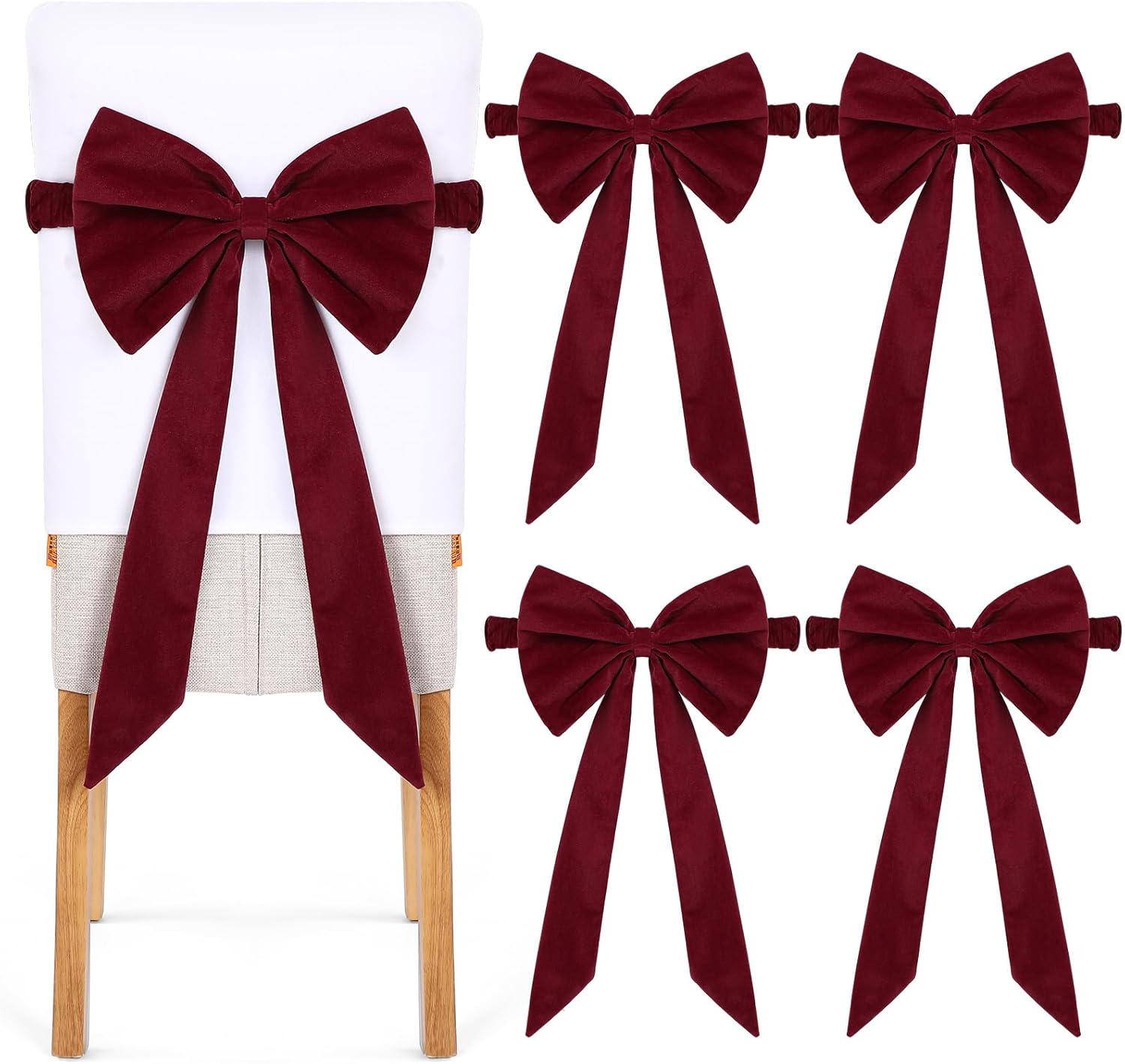 Newwiee Set of 4 Christmas Burgundy Velvet Chair Sashes, Sashes Chair Bows Tie Back for Christmas Banquet Home Wedding Events Banquets Party Decoration 11.8 x 5.9 Inch