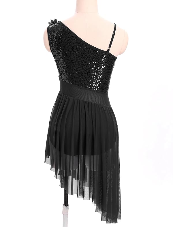 Women Lyrical Dance Dress One Shoulder Sparkly Sequins Contemporary Dance Costume Shiny Top Sheer Meah Waist with Flowy Chiffon Skirt Adult Salsa Jazz Lyrical Dress Black Large by IBAKOM - Image 3