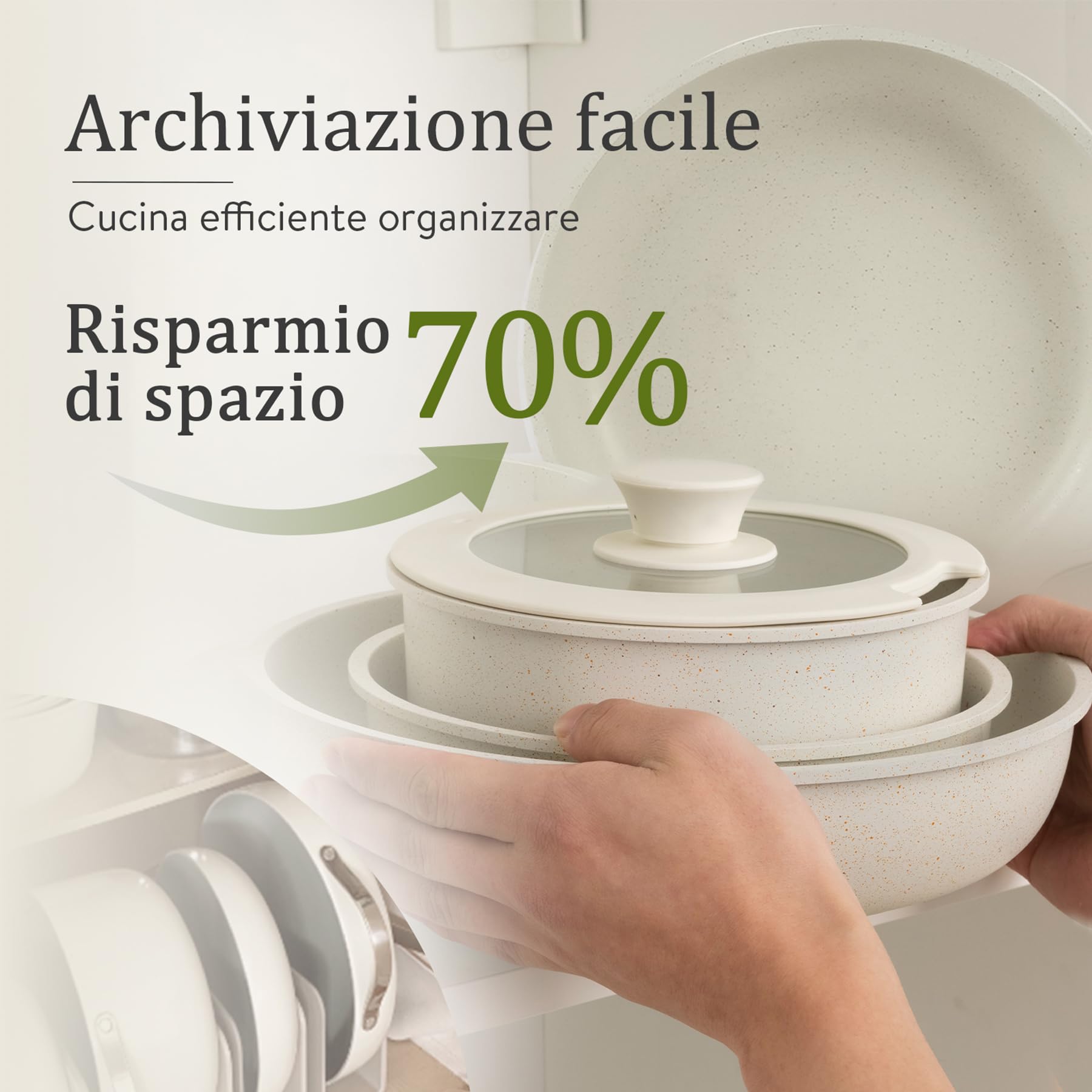 CAROTE Essential Batteria di Pentole 11 Pezzi, Manici Amovibili Padella con Casseruola Fonda, Padella, Tegame, Wok, Coperchi, Antiaderenti per Induzione,Lavastoviglie, Gas e Forno