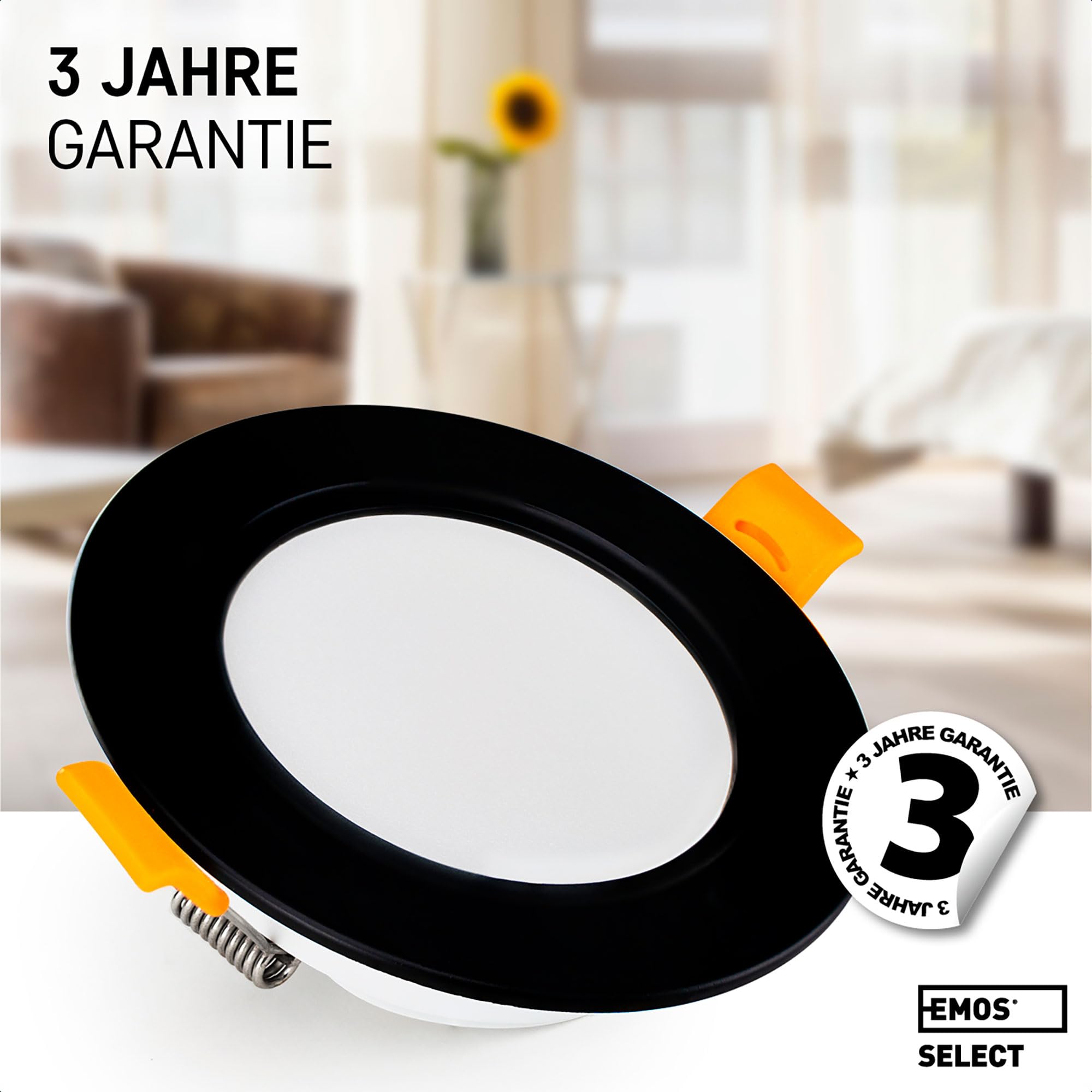 Emos Exclusive Einbaustrahler LED Spots 230V, 5W, 500lm, 3000K warmweiß | Set mit 12 Downlight LED Spots Badezimmer etc., wasserdicht IP54 | LED Einbaustrahler 230V, rund Ø 95mm, ultra flach, schwarz