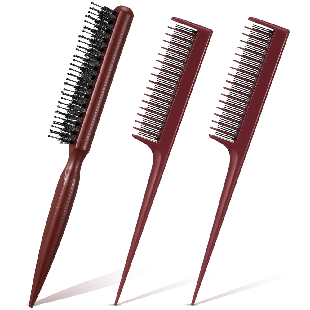 Patelai 3 Pcs Hair Teasing Comb Set Includes 2 Nylon Triple Comb and Boar Bristle Teaser Brushes for Women Stylist Men Backcombing Slicking Curly Thick Wet Hair(Brown)